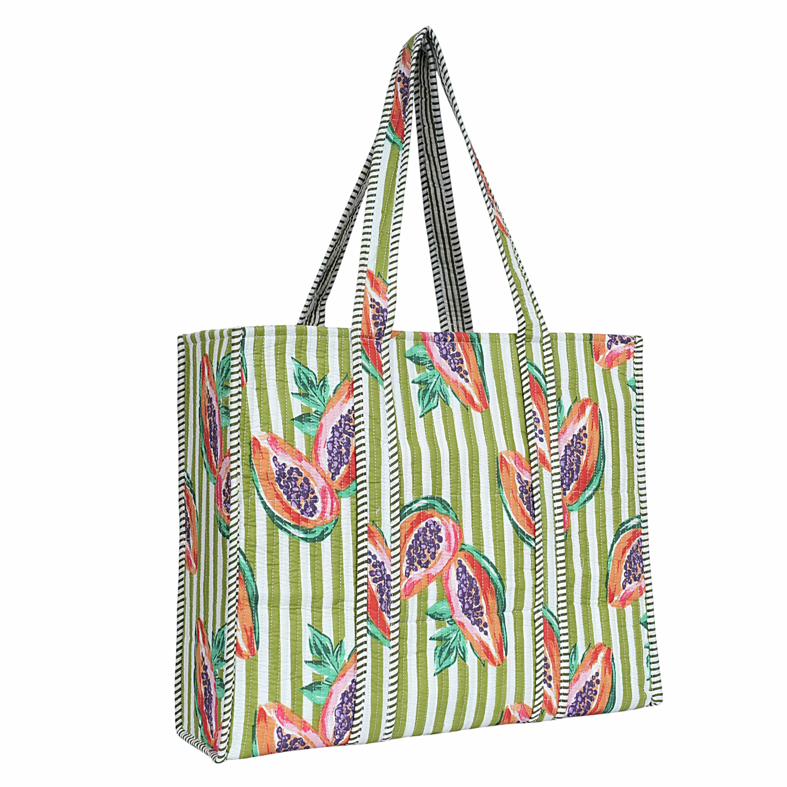 Summer Fruits Tote In Papaya — handmade hand block printed cotton tote bag, ethically made in Rajasthan, India