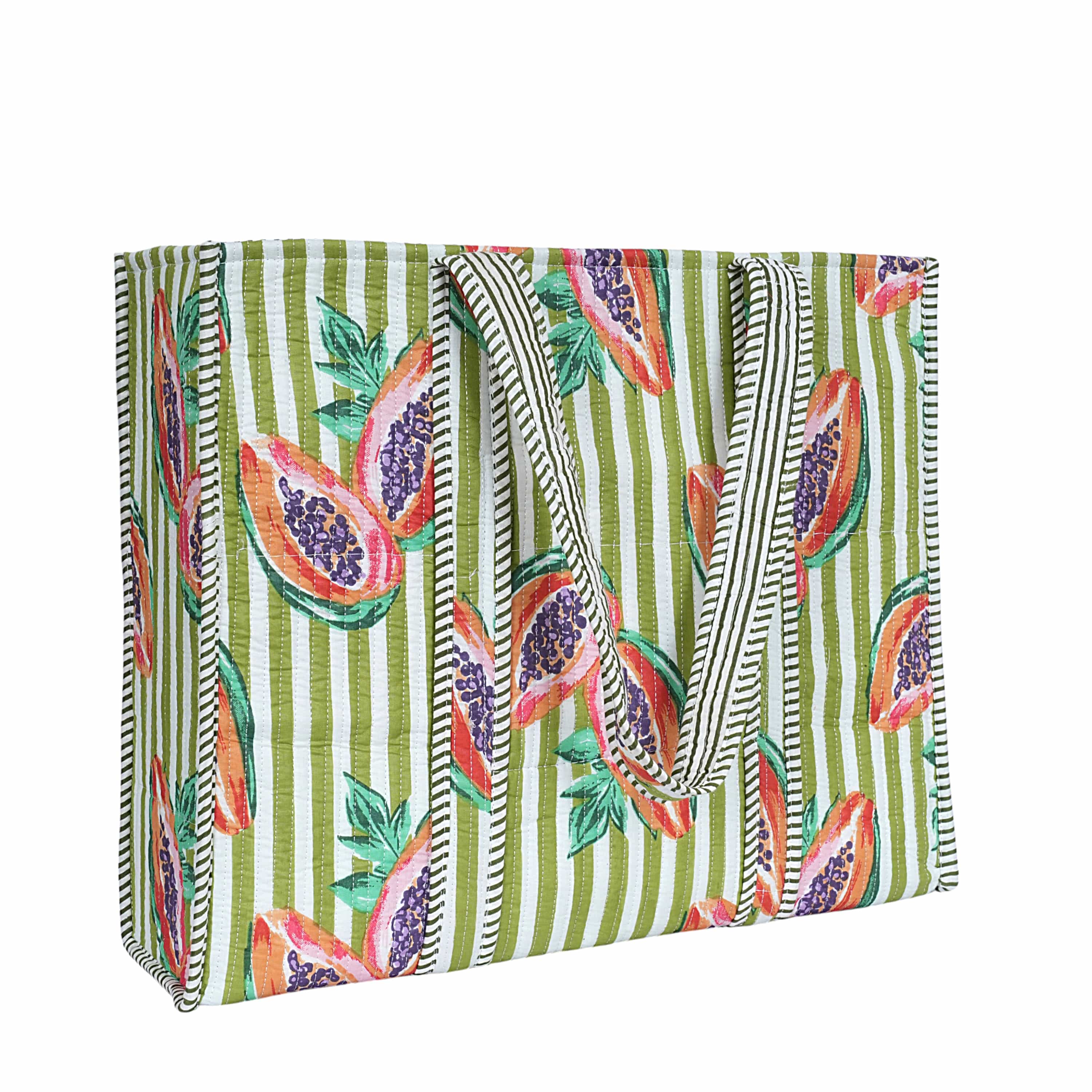 Summer Fruits Tote In Papaya — handmade hand block printed cotton tote bag, ethically made in Rajasthan, India