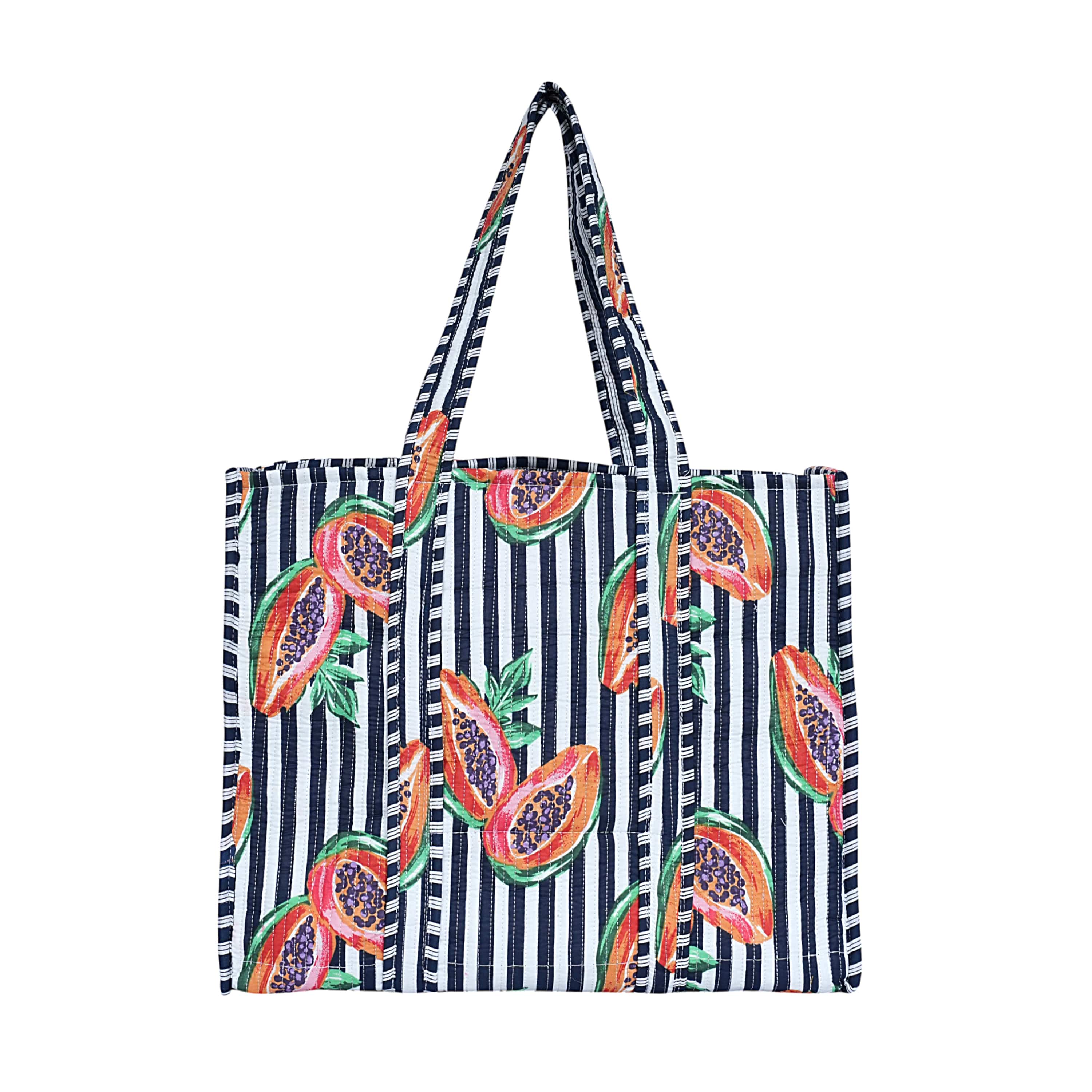 Summer Fruits Tote In Papaya — handmade hand block printed cotton tote bag, ethically made in Rajasthan, India