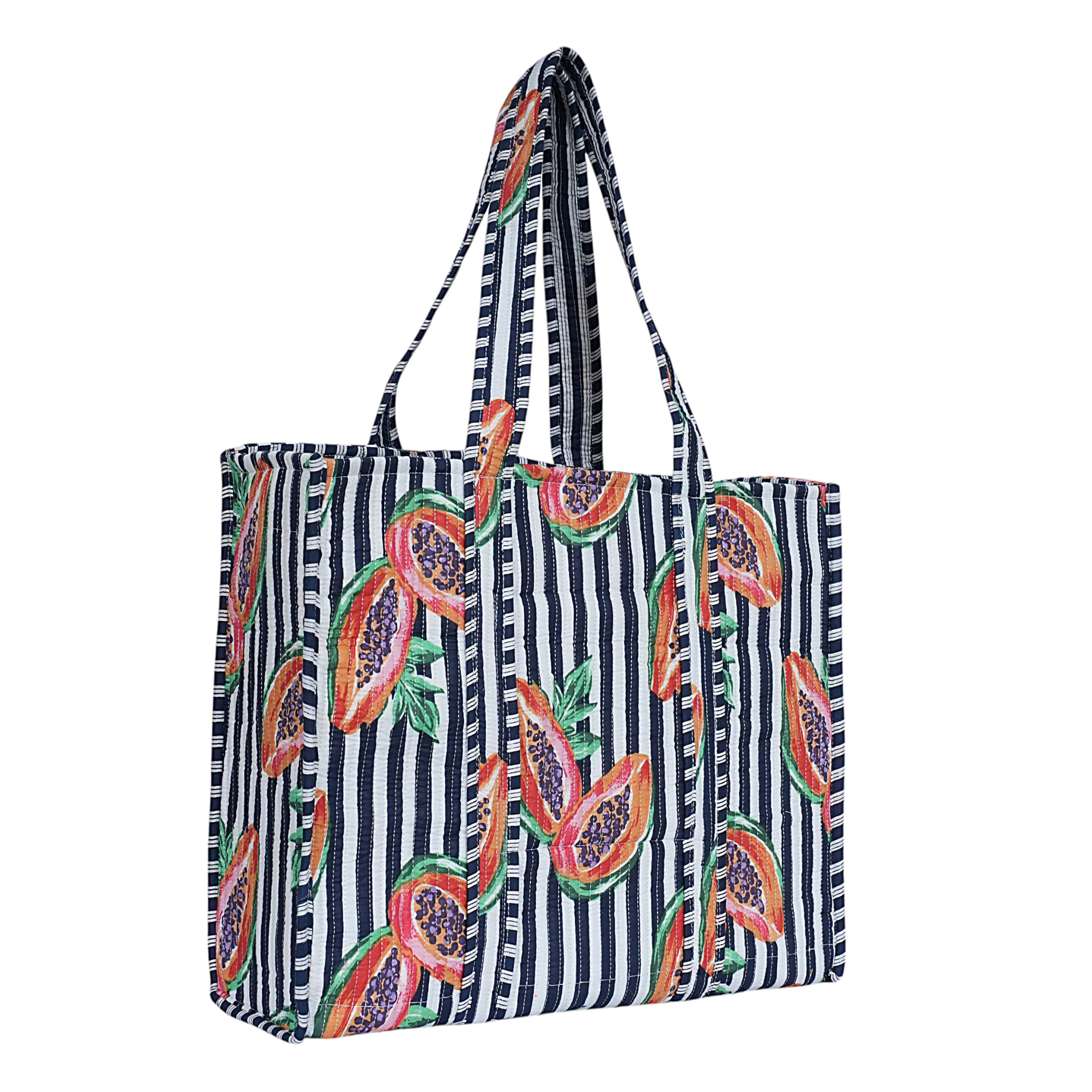 Summer Fruits Tote In Papaya — handmade hand block printed cotton tote bag, ethically made in Rajasthan, India