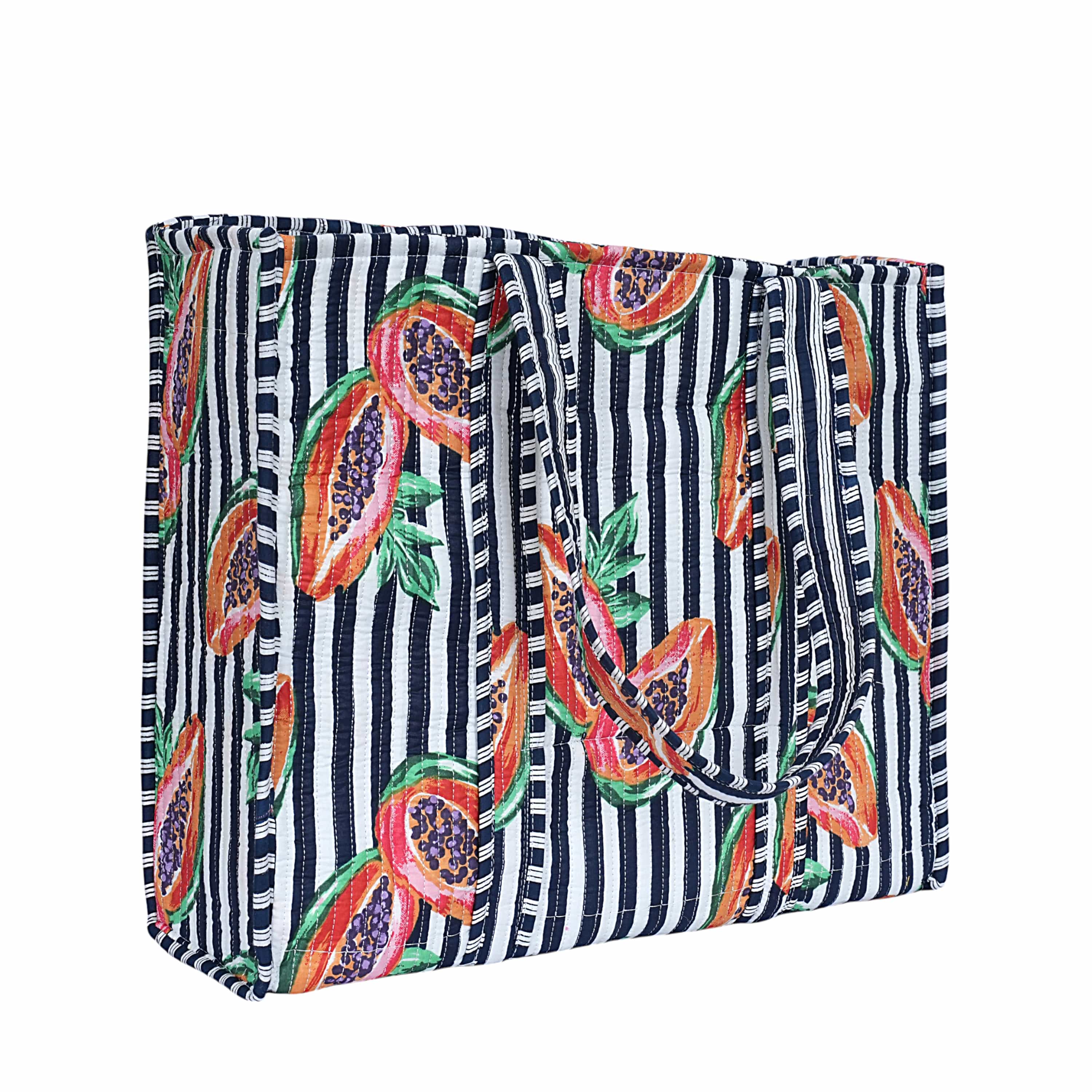 Summer Fruits Tote In Papaya — handmade hand block printed cotton tote bag, ethically made in Rajasthan, India