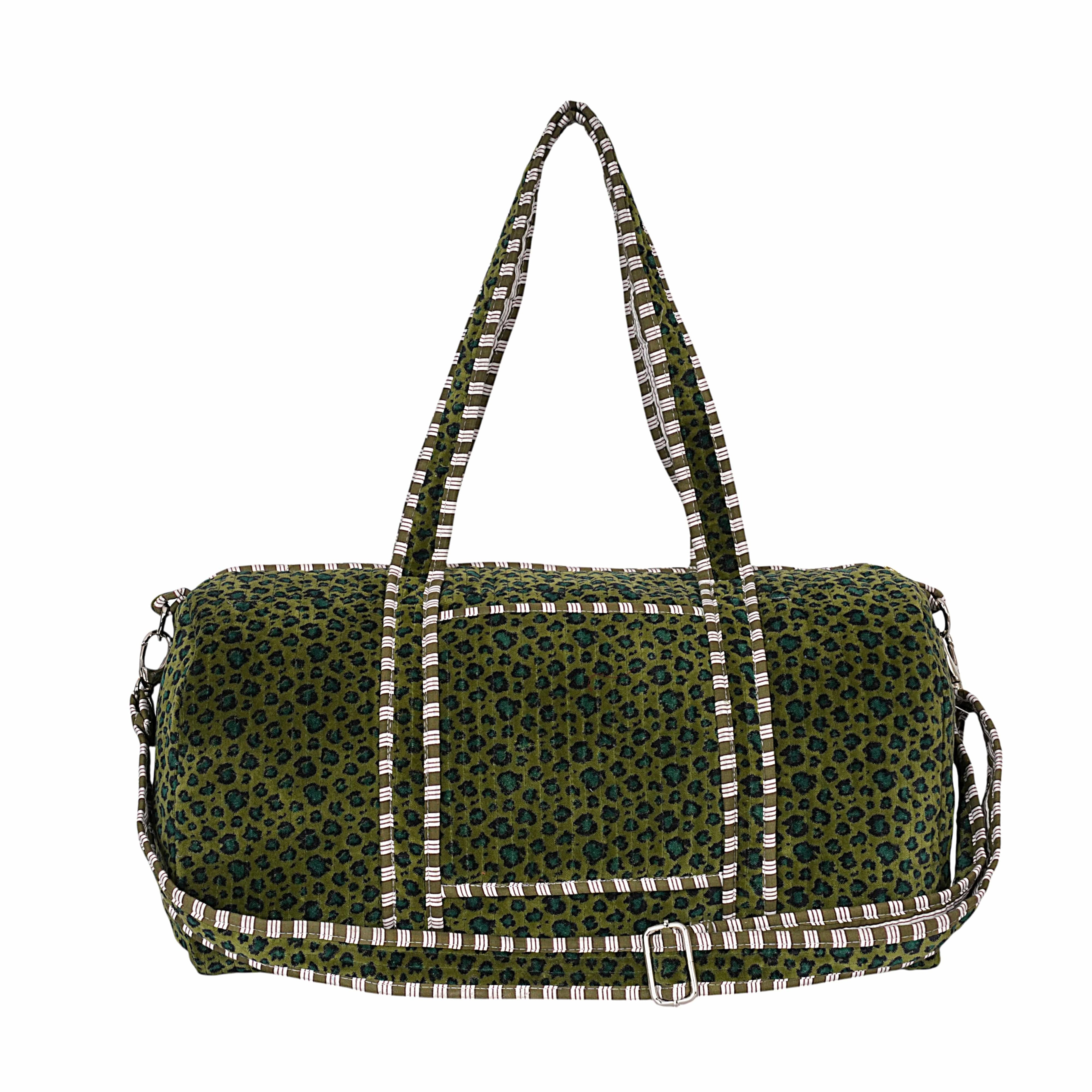 Front view of The Velvet Leopard Weekender in plush velvet with the hand-block-printed leopard motif filling the body