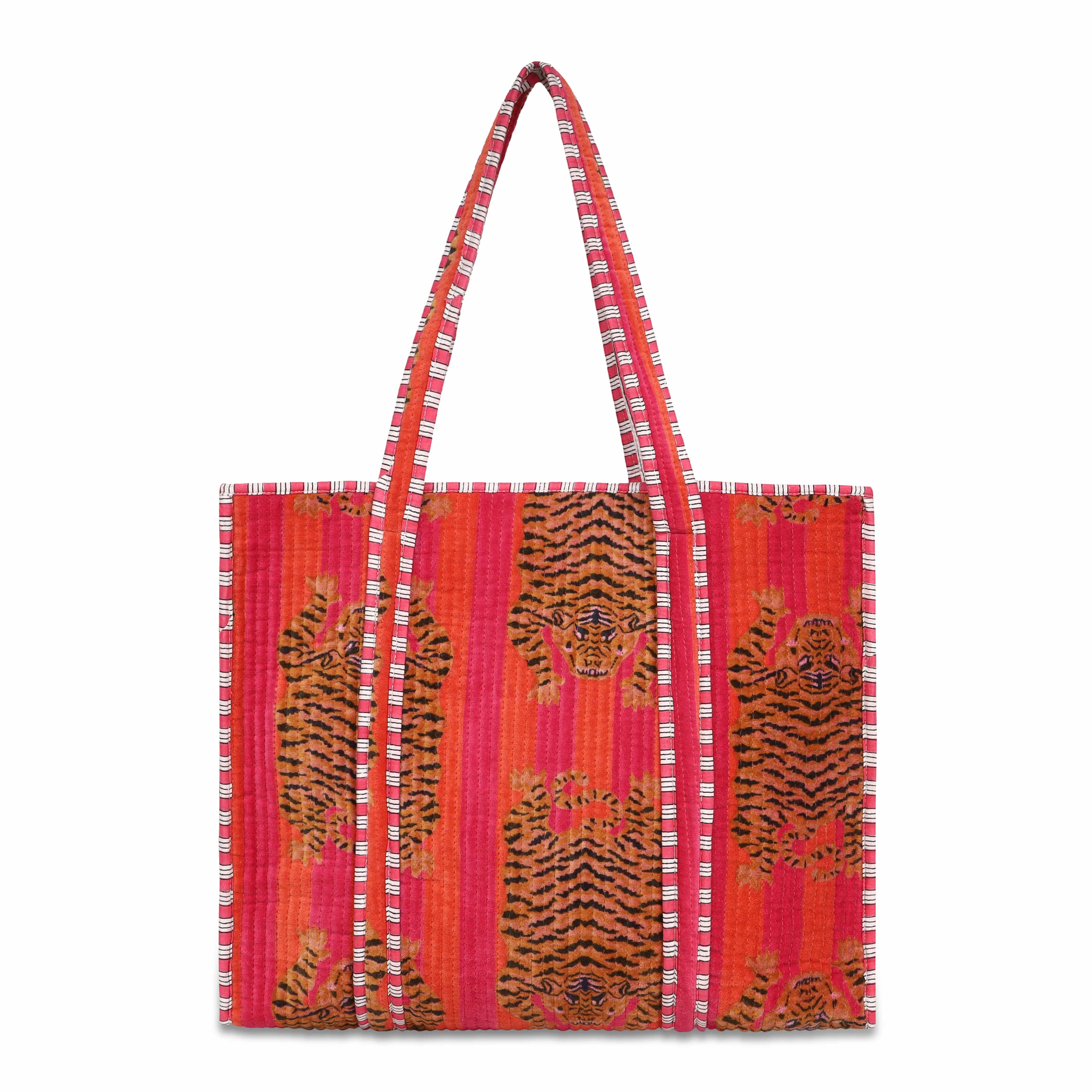 The Tibetan Tiger Tote in Velvet — handmade quilted velvet tote bag, ethically made in Rajasthan, India