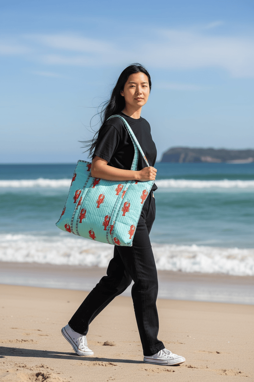 The Lobster Tote — handmade hand block printed cotton tote bag, ethically made in Rajasthan, India
