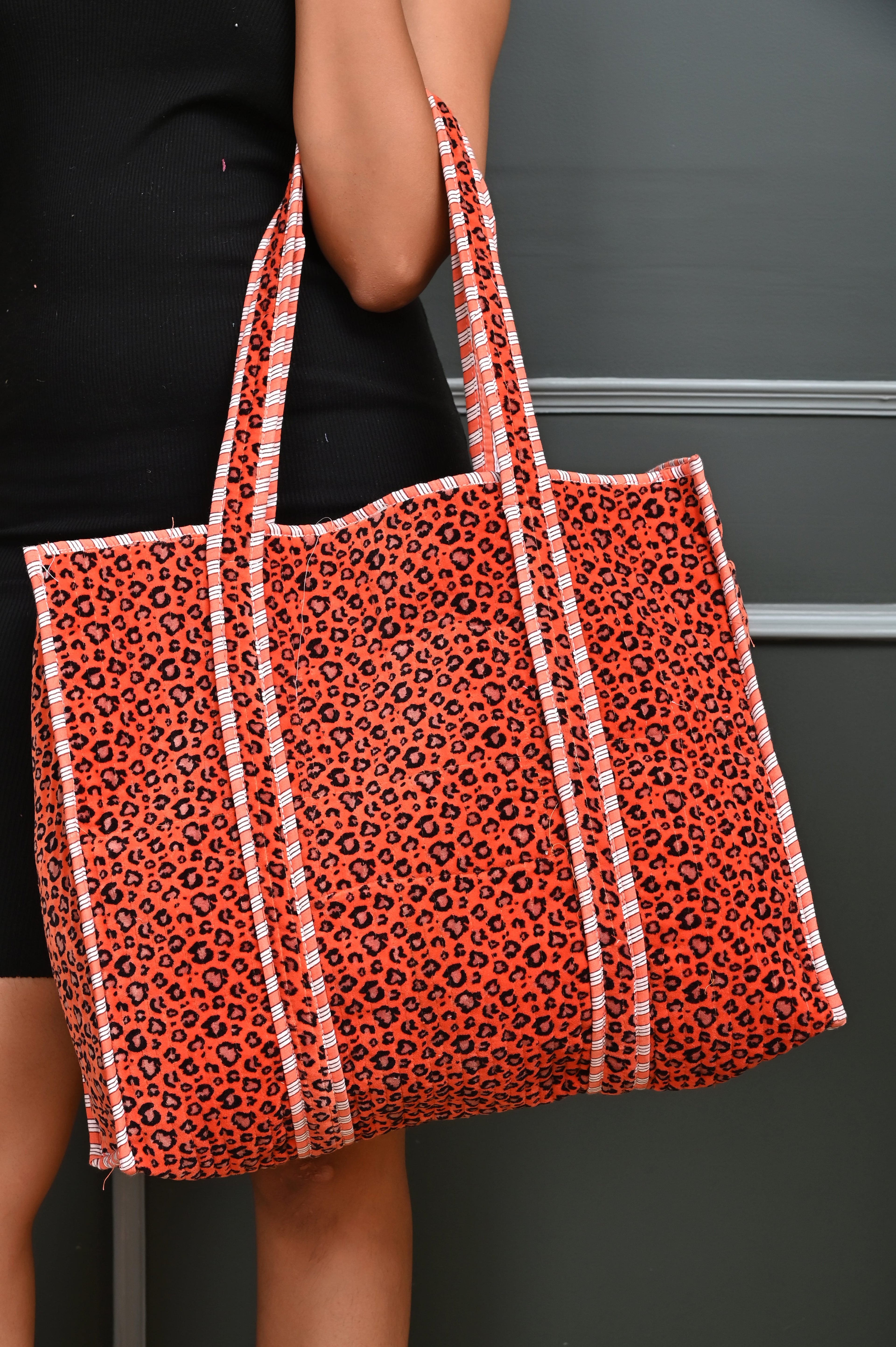 The Velvet Leopard Tote — handmade quilted velvet tote bag, ethically made in Rajasthan, India
