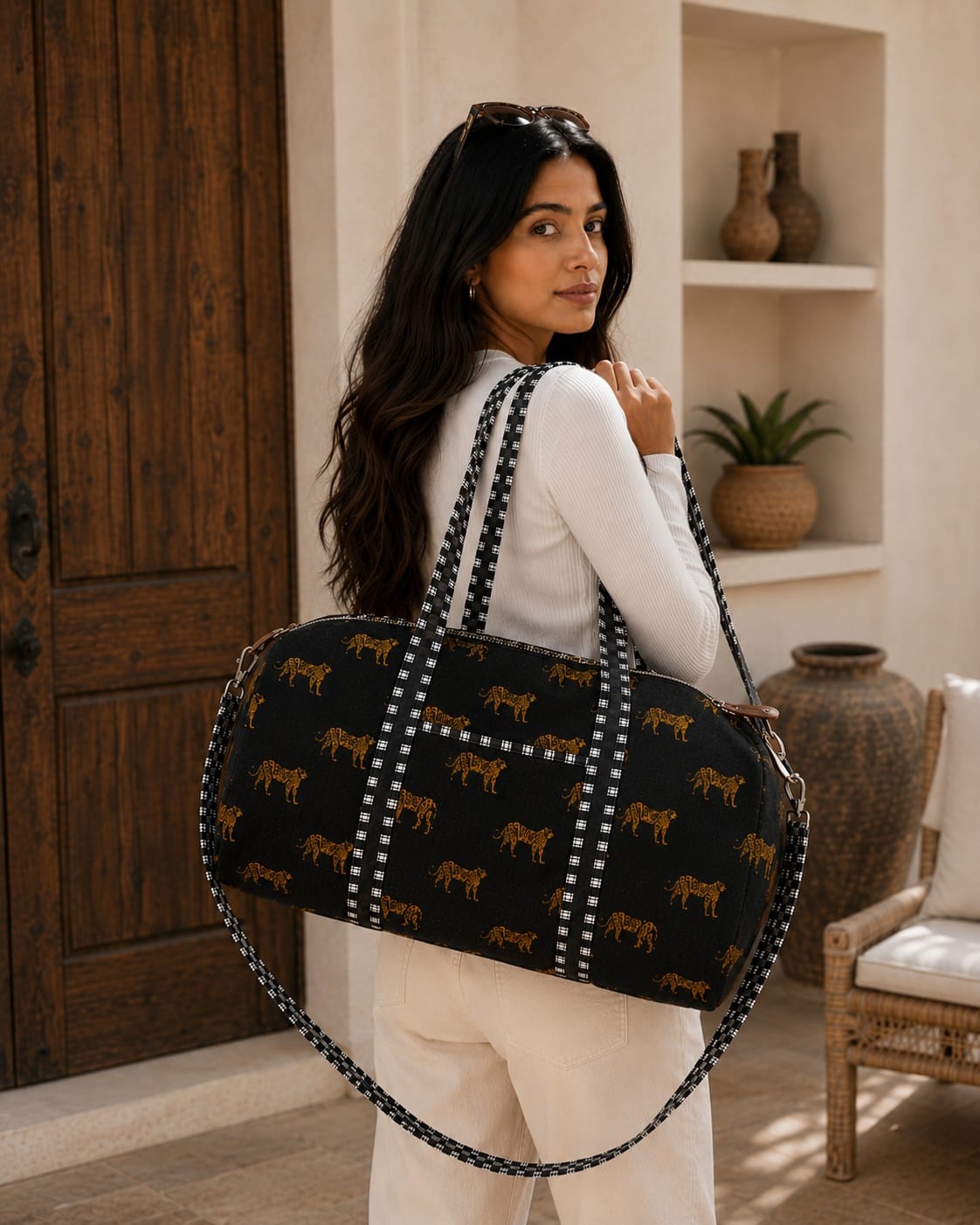 Cheetah Velvet Weekender — handmade quilted velvet weekender bag, ethically made in Rajasthan, India