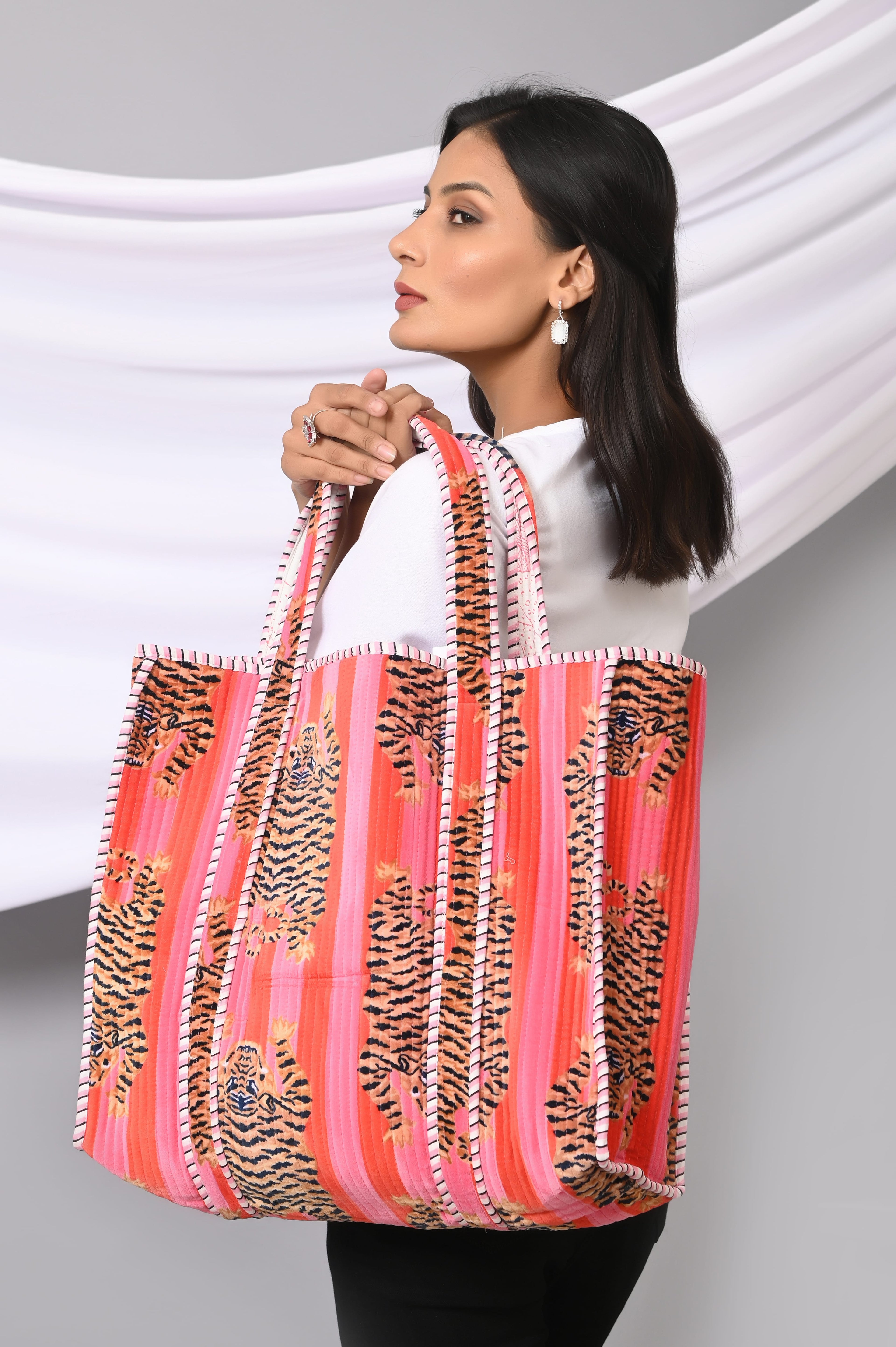 The Tibetan Tiger Tote in Velvet — handmade quilted velvet tote bag, ethically made in Rajasthan, India