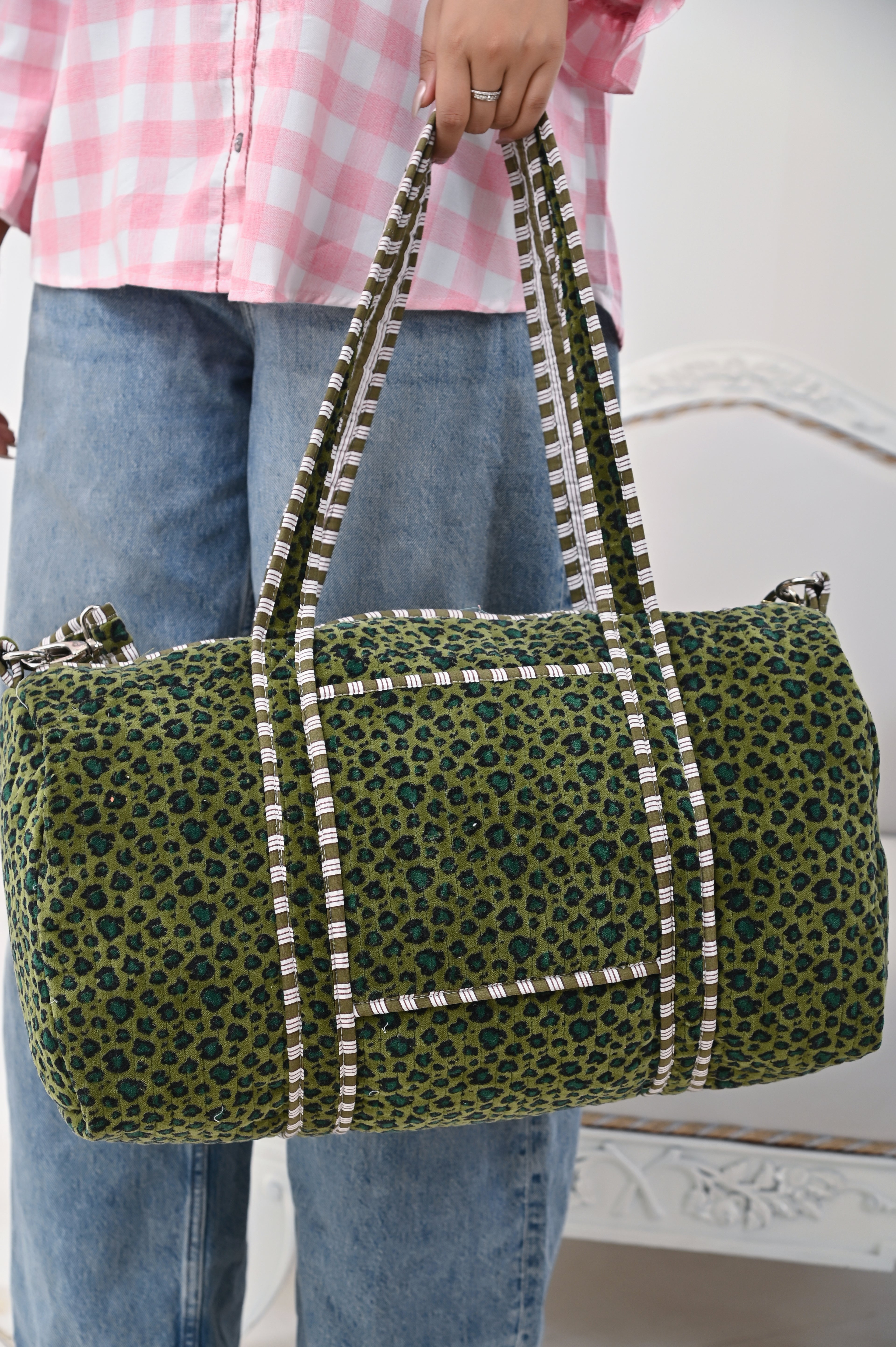 The Velvet Leopard Weekender — handmade quilted velvet weekender bag, ethically made in Rajasthan, India