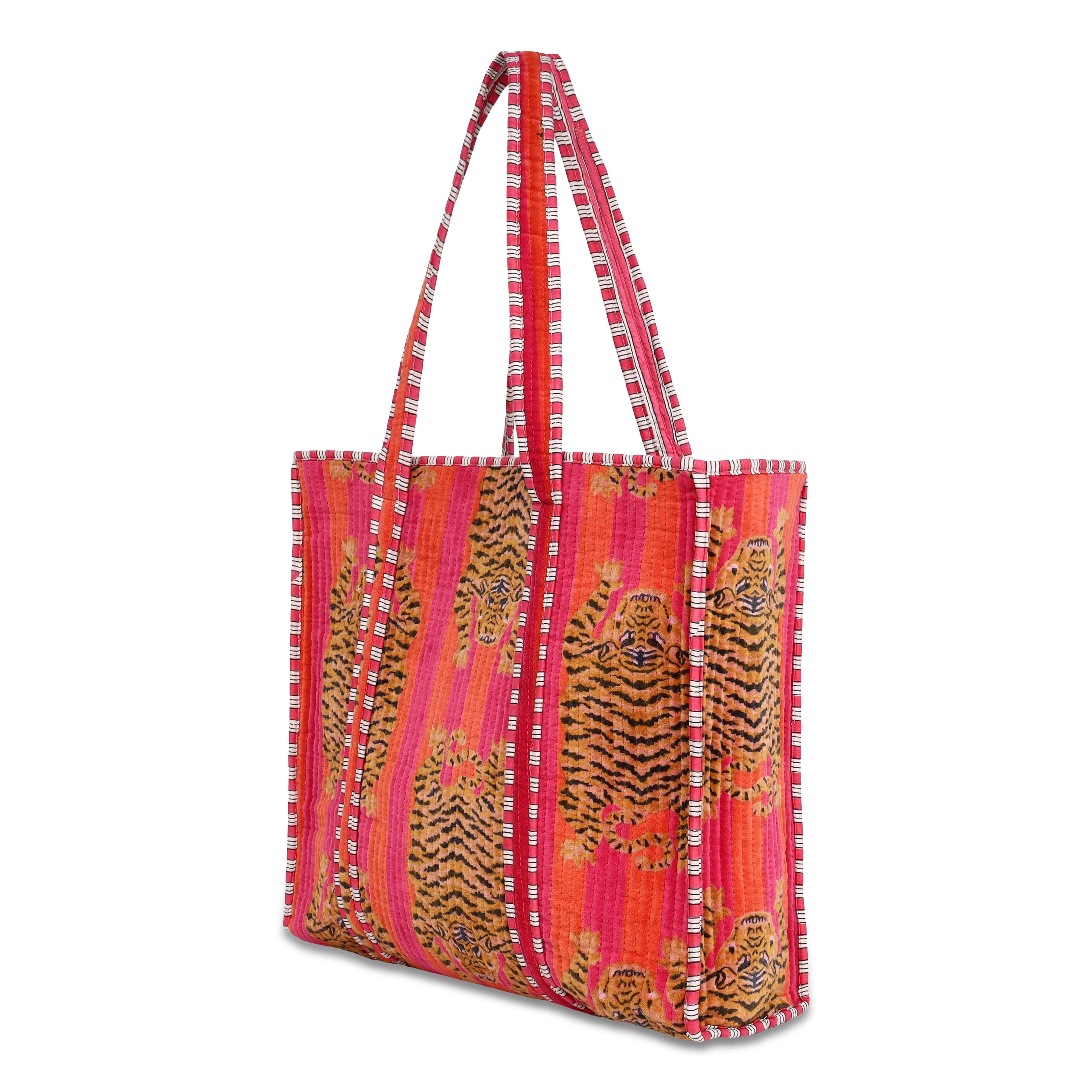The Tibetan Tiger Tote in Velvet — handmade quilted velvet tote bag, ethically made in Rajasthan, India