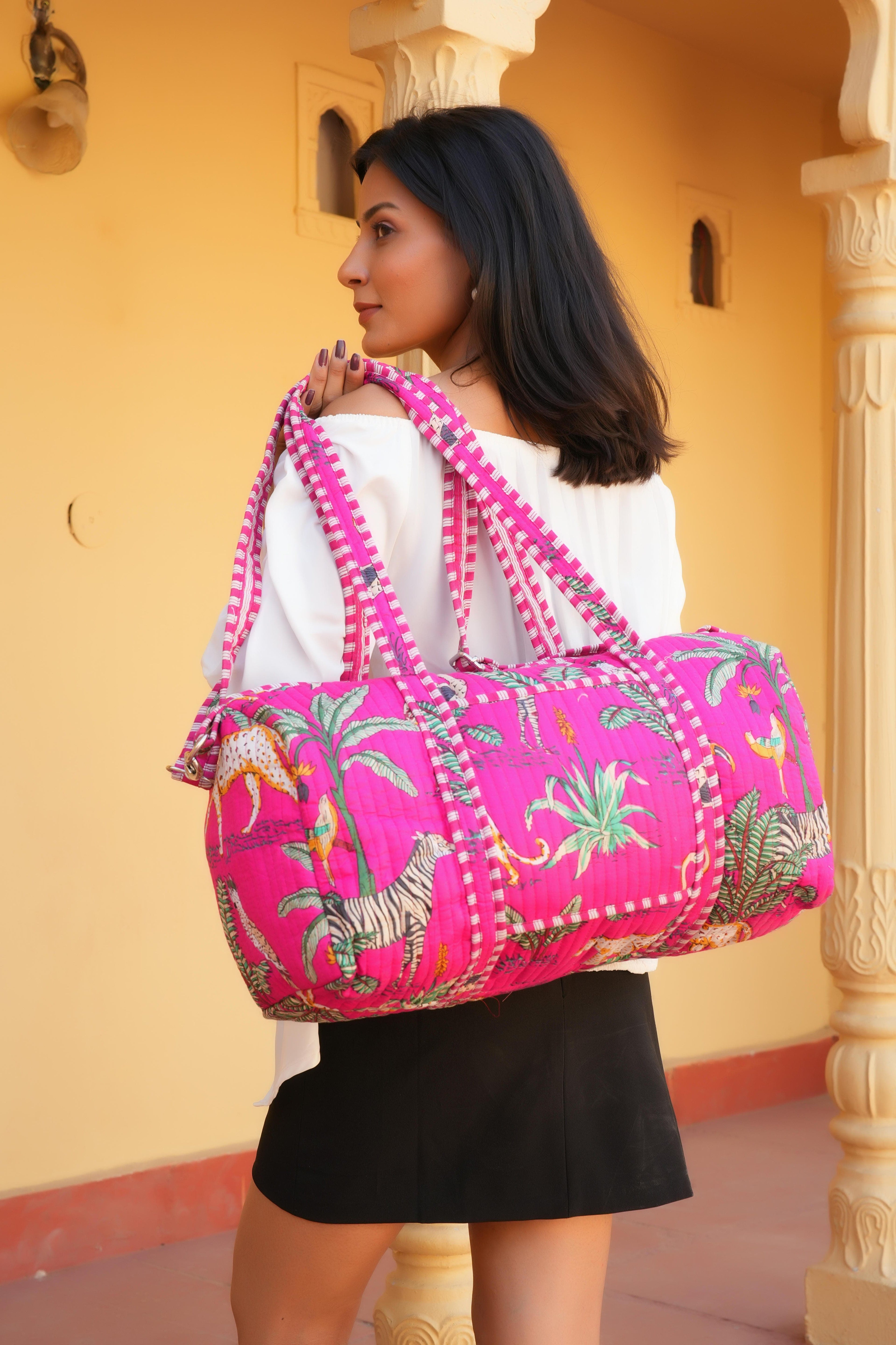 The Jungle Weekender — handmade hand block printed cotton weekender bag, ethically made in Rajasthan, India