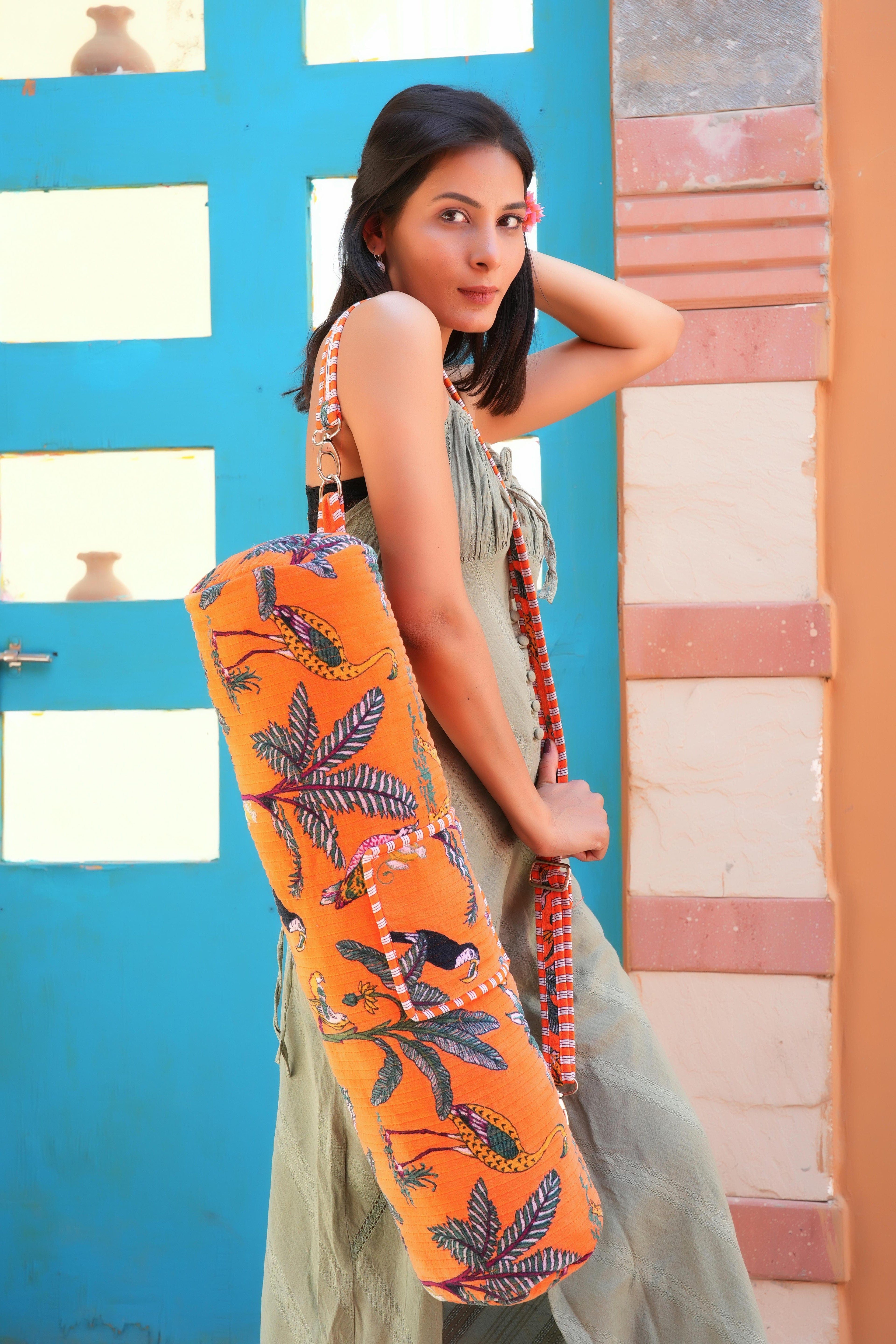 The Jungle Velvet Yoga Bag — handcrafted velvet yoga mat bag with bold Indian jungle print, made in India
