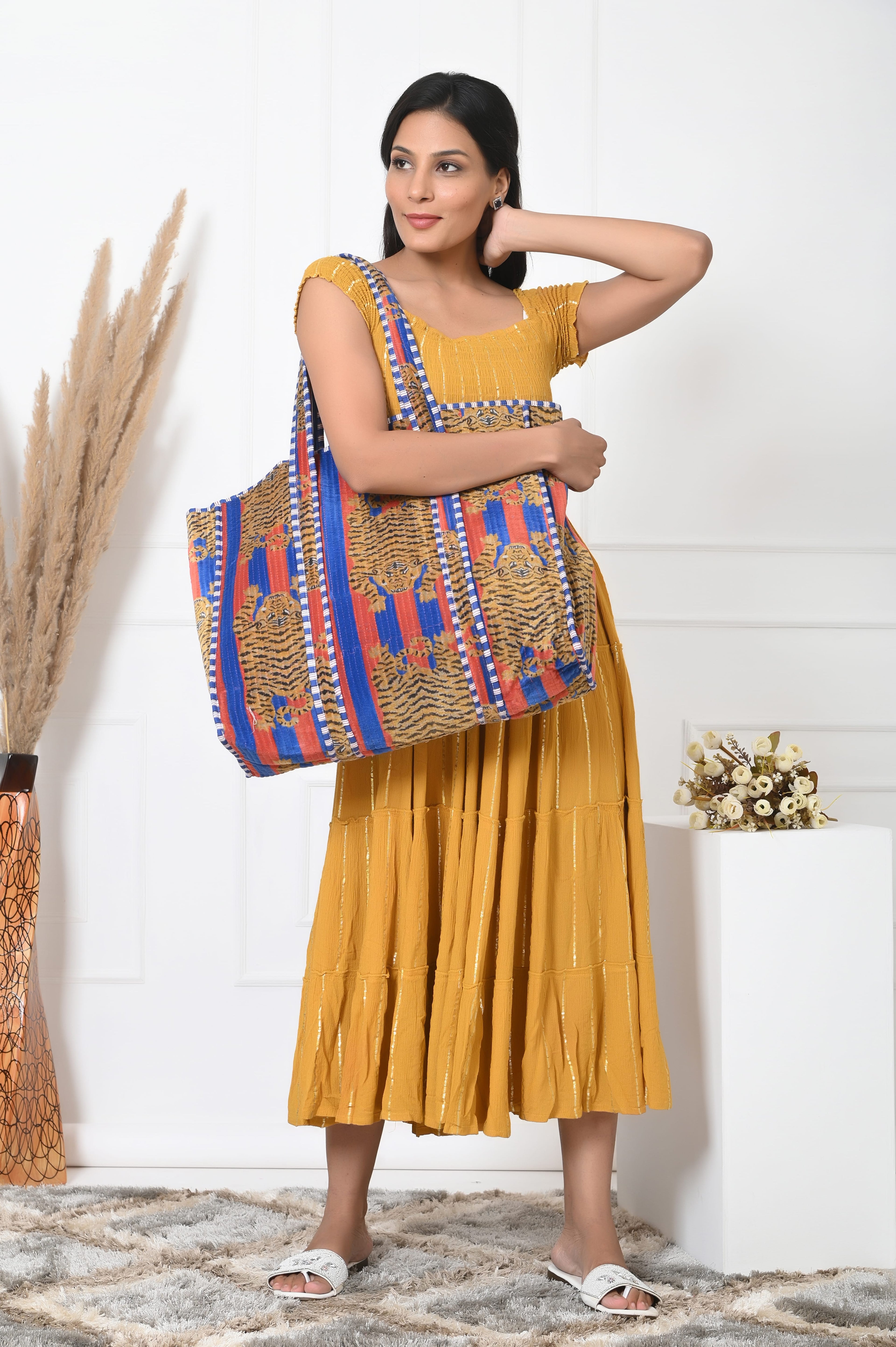 The Tibetan Tiger Tote in Velvet — handmade quilted velvet tote bag, ethically made in Rajasthan, India