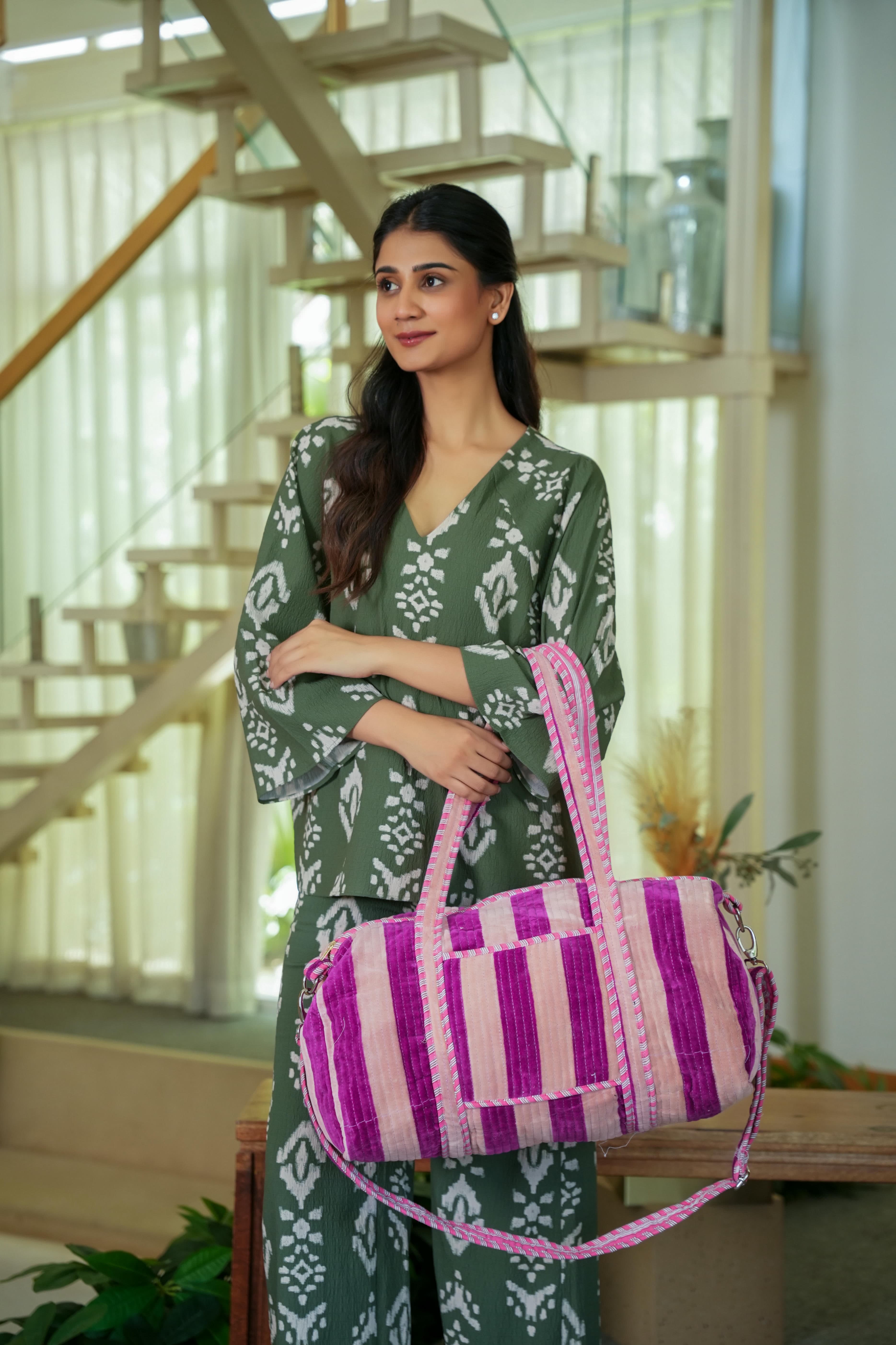 The Striped Velvet Weekender — handmade quilted velvet weekender bag, ethically made in Rajasthan, India