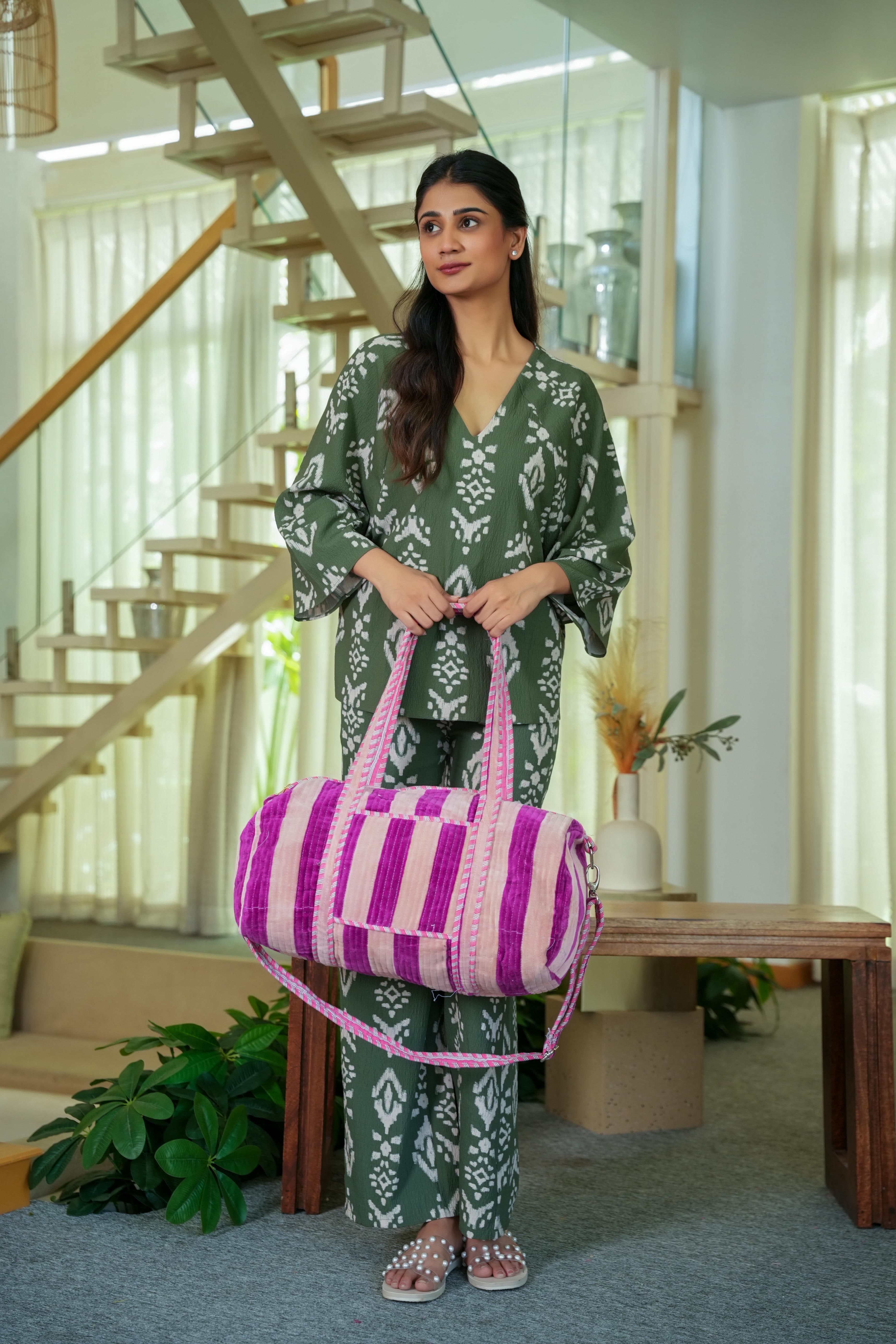 The Striped Velvet Weekender — handmade quilted velvet weekender bag, ethically made in Rajasthan, India