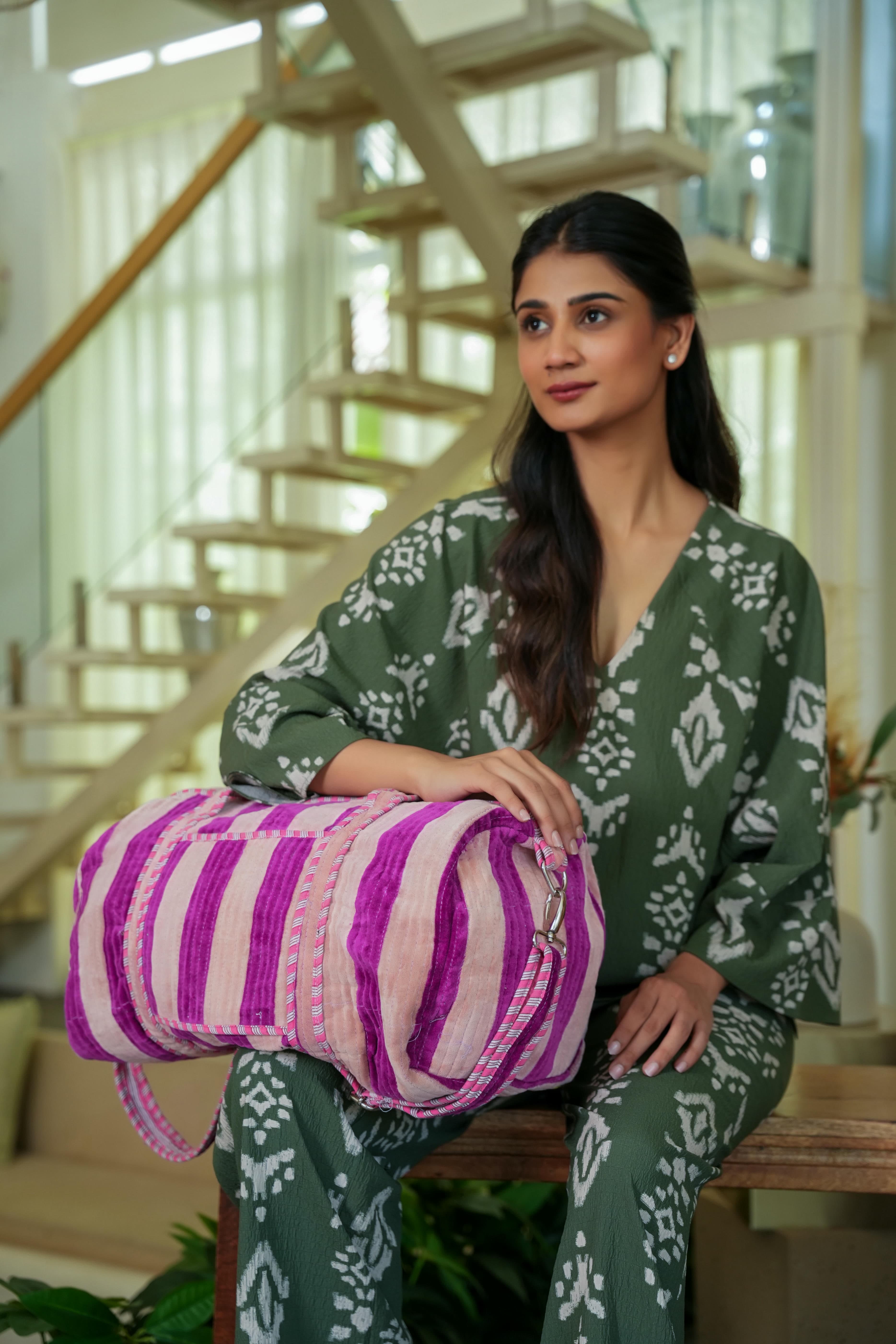The Striped Velvet Weekender — handmade quilted velvet weekender bag, ethically made in Rajasthan, India