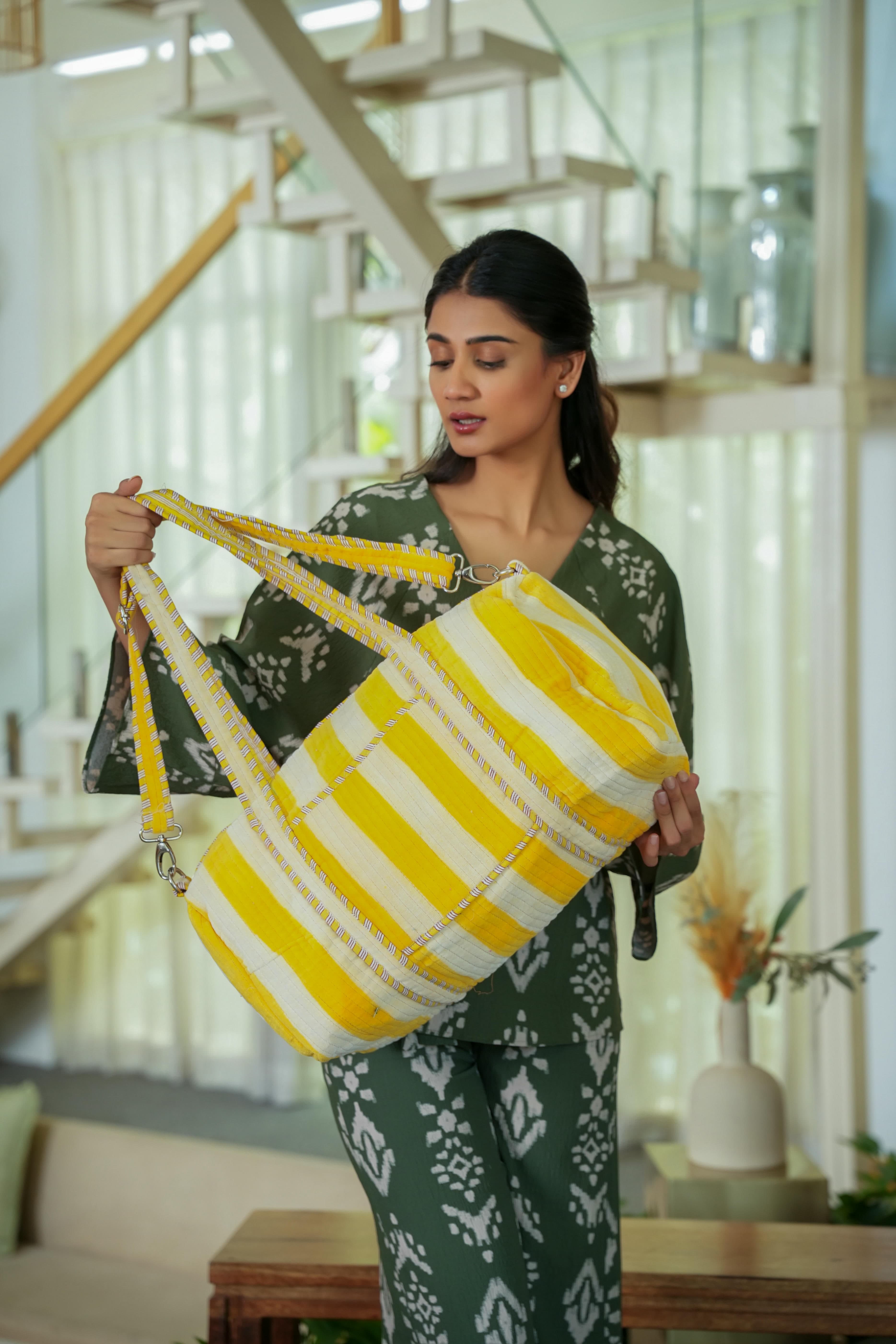 The Striped Velvet Weekender — handmade quilted velvet weekender bag, ethically made in Rajasthan, India