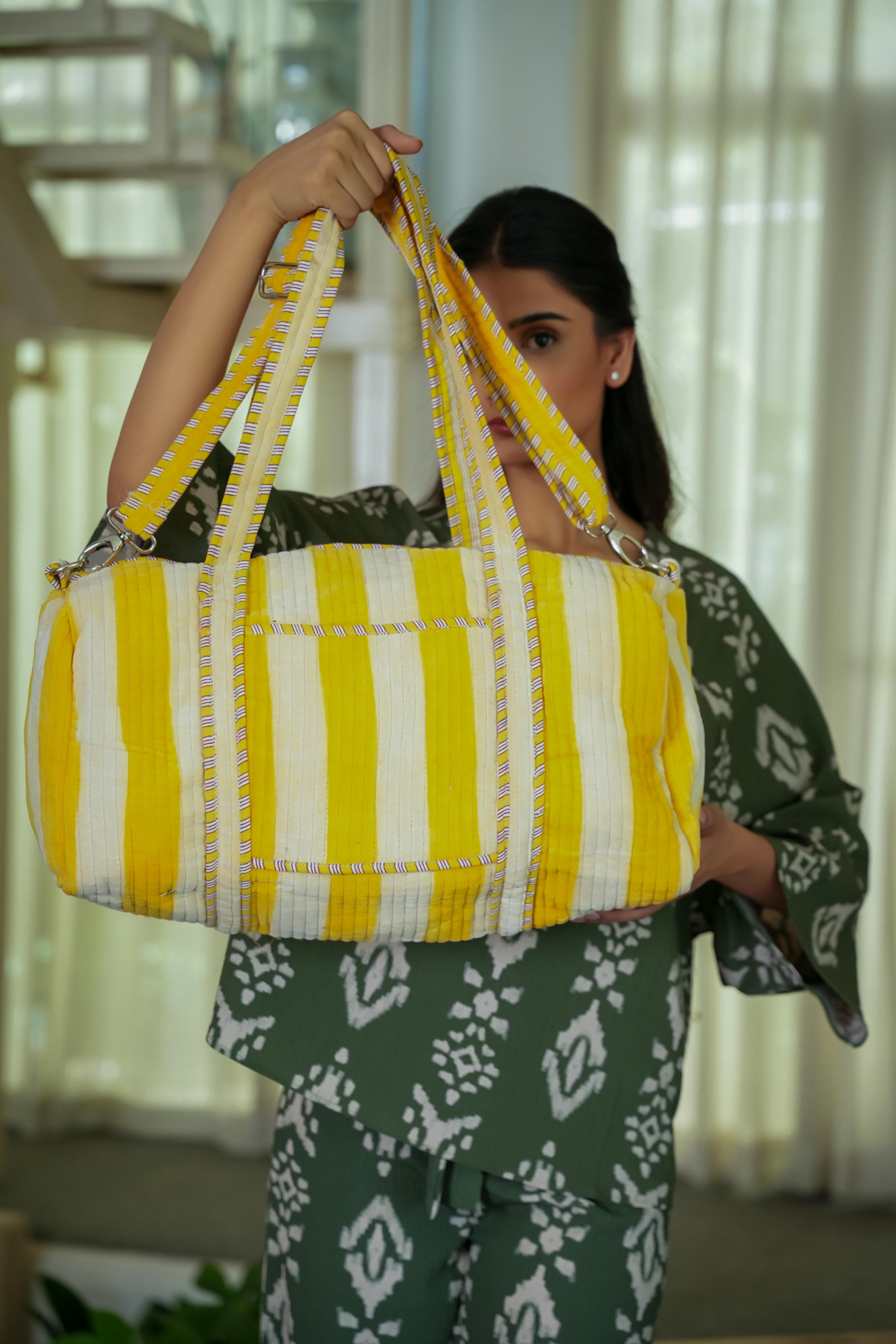 The Striped Velvet Weekender — handmade quilted velvet weekender bag, ethically made in Rajasthan, India