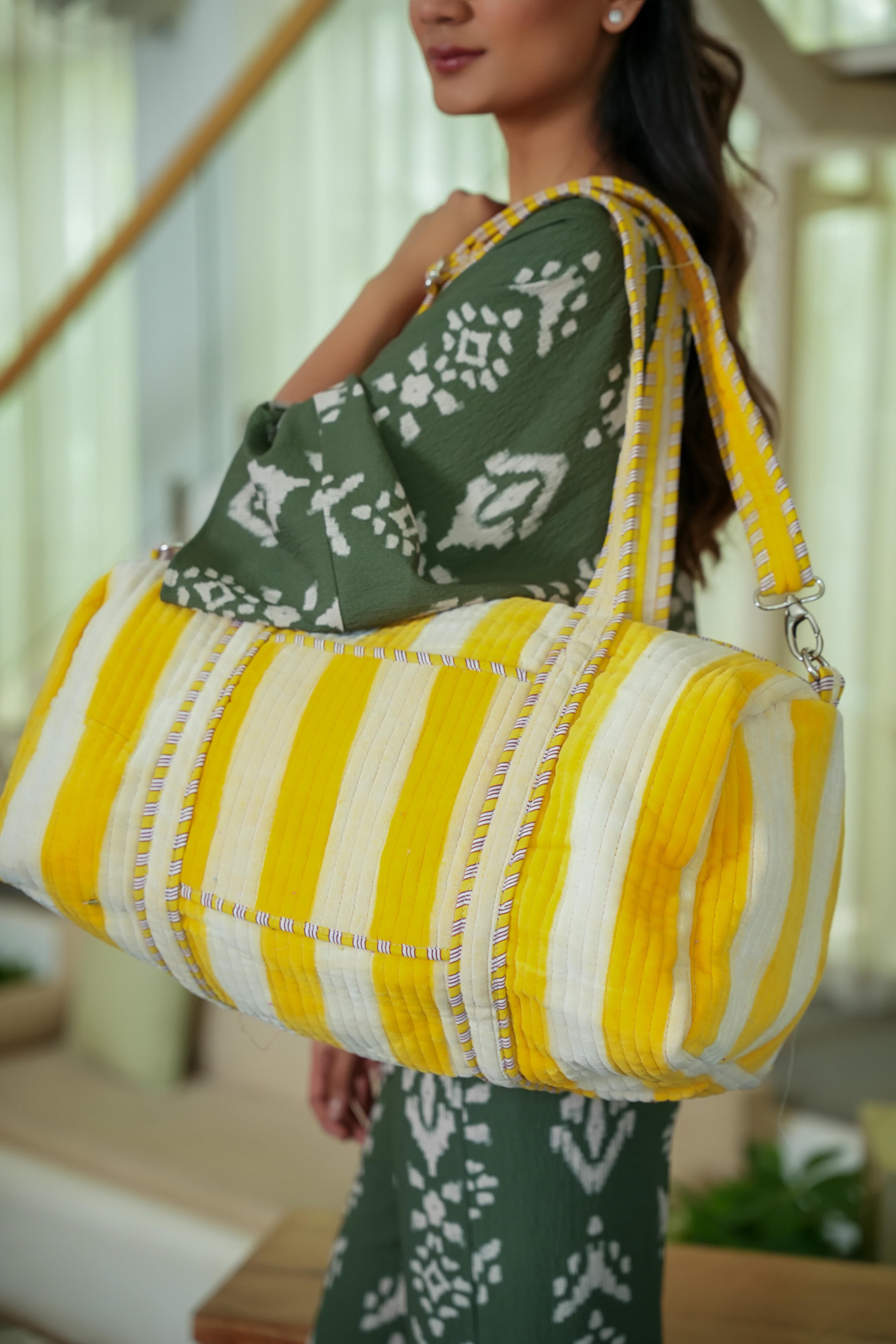 The Striped Velvet Weekender — handmade quilted velvet weekender bag, ethically made in Rajasthan, India