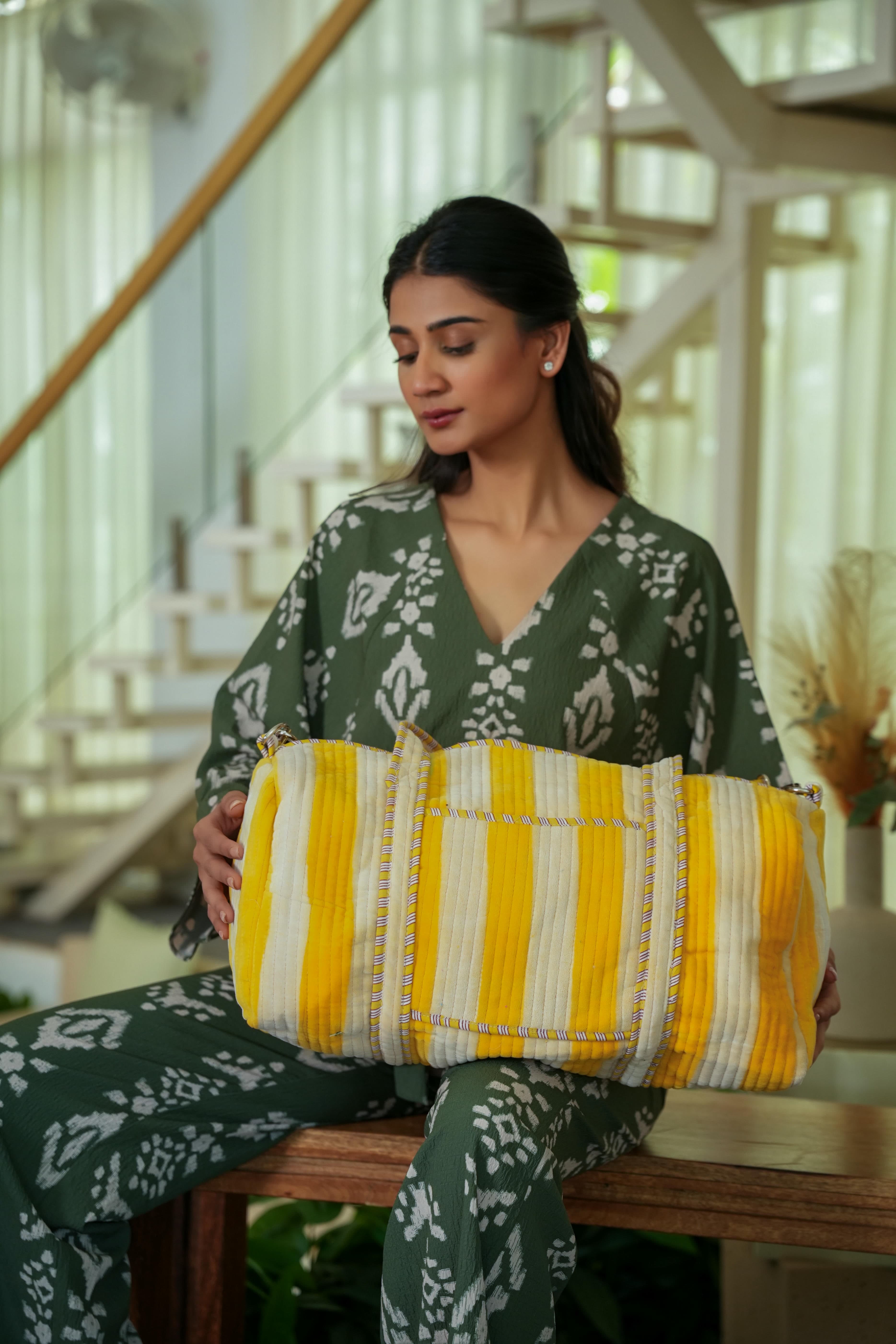 The Striped Velvet Weekender — handmade quilted velvet weekender bag, ethically made in Rajasthan, India