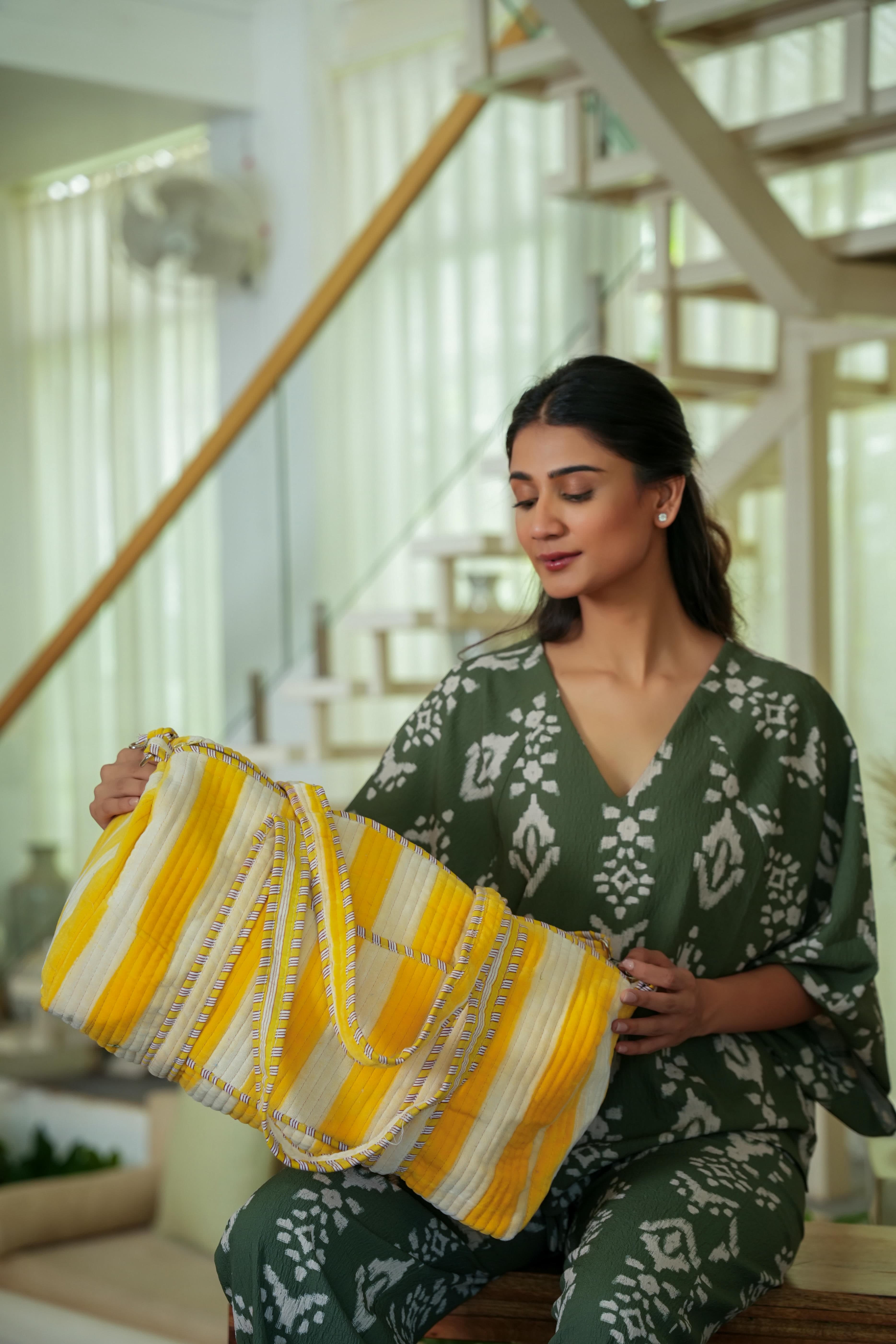 The Striped Velvet Weekender — handmade quilted velvet weekender bag, ethically made in Rajasthan, India