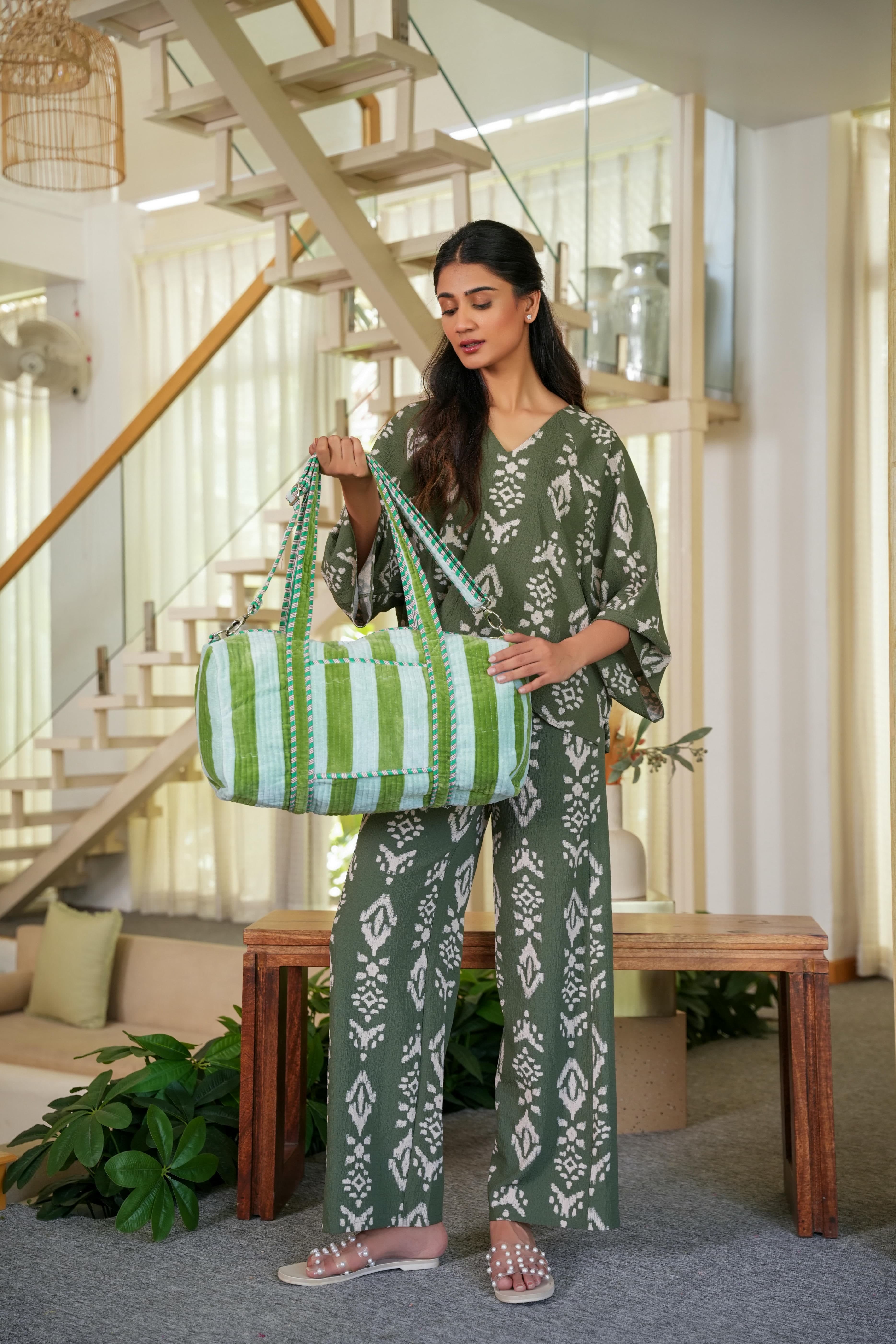 The Striped Velvet Weekender — handmade quilted velvet weekender bag, ethically made in Rajasthan, India