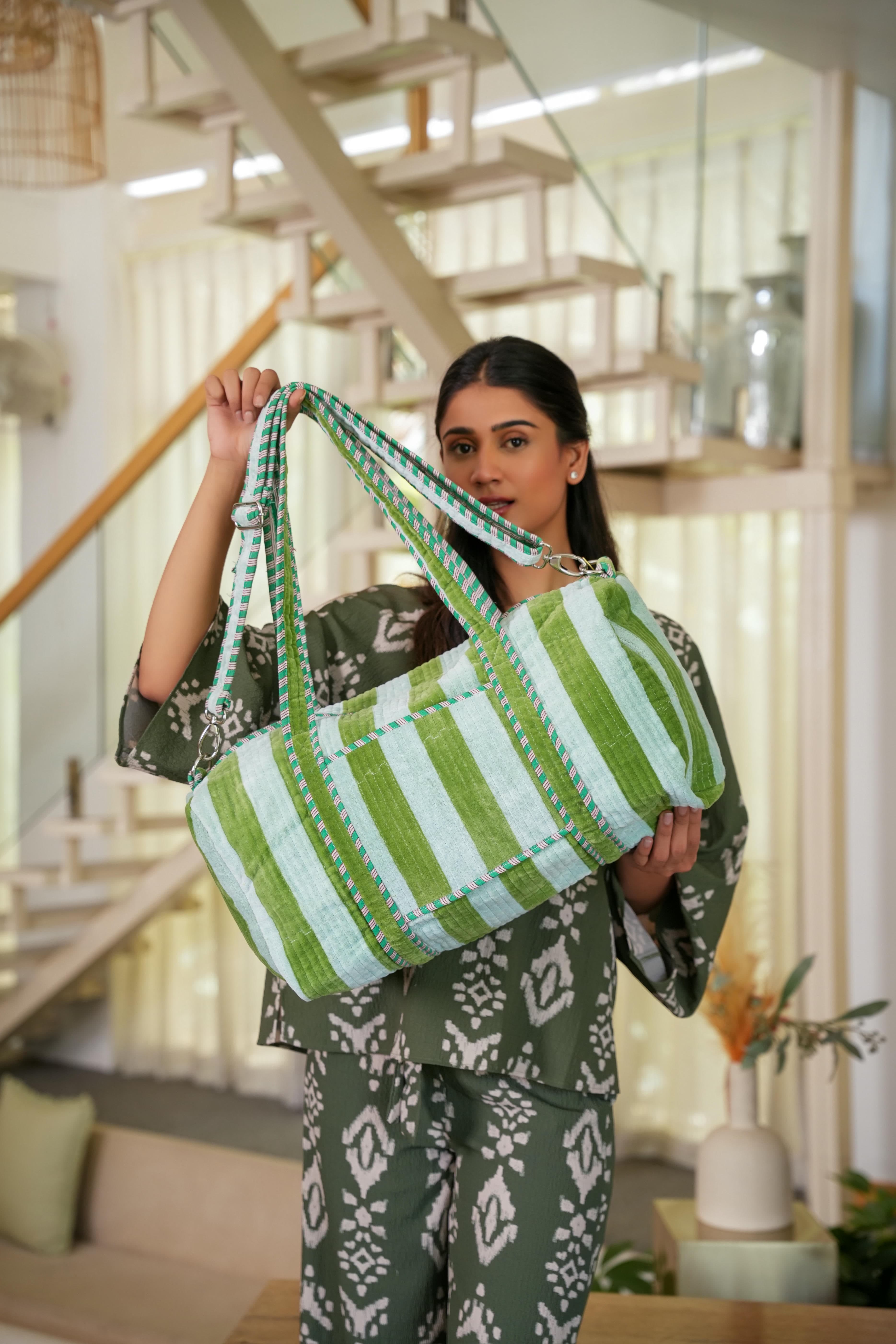 The Striped Velvet Weekender — handmade quilted velvet weekender bag, ethically made in Rajasthan, India