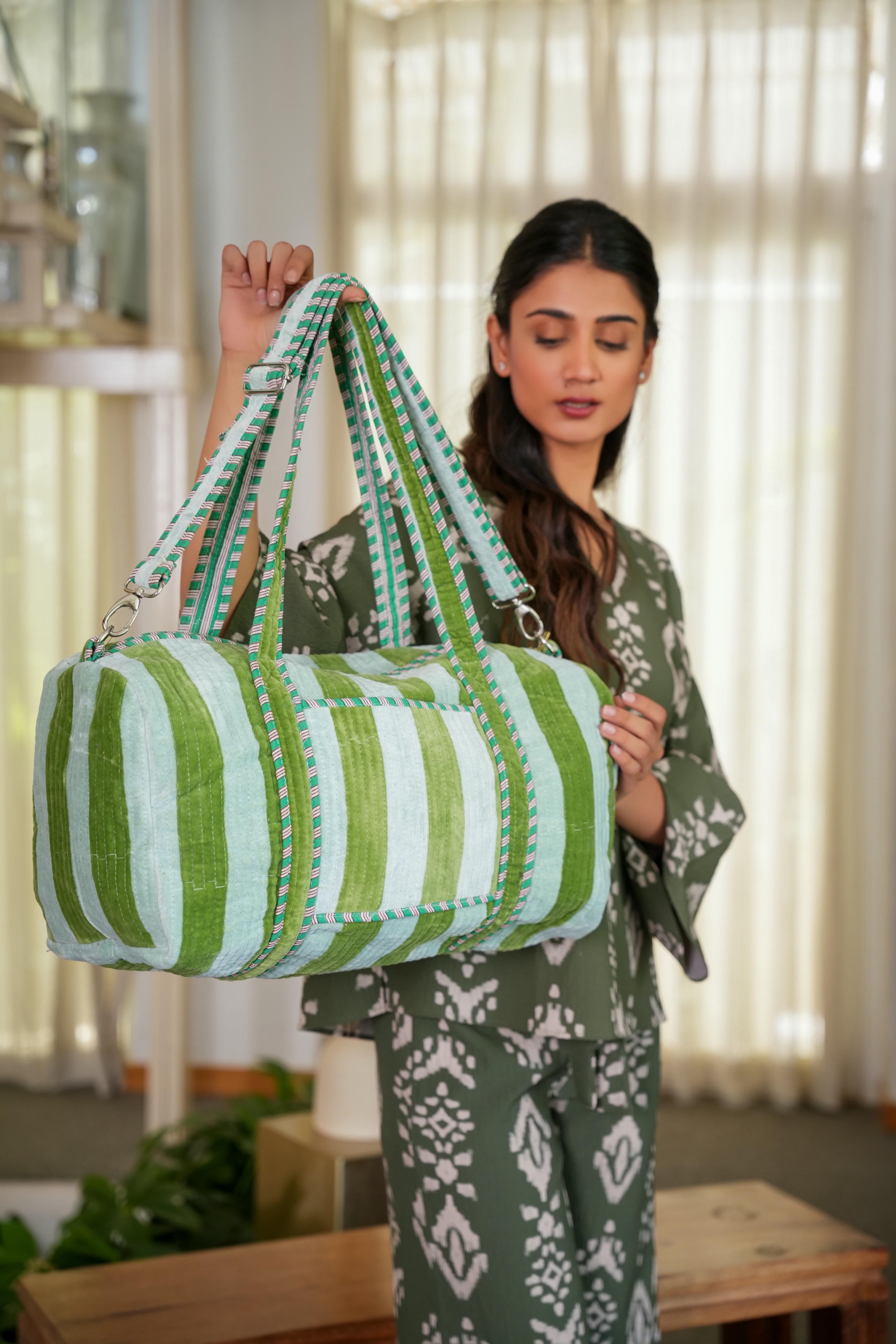 The Striped Velvet Weekender — handmade quilted velvet weekender bag, ethically made in Rajasthan, India