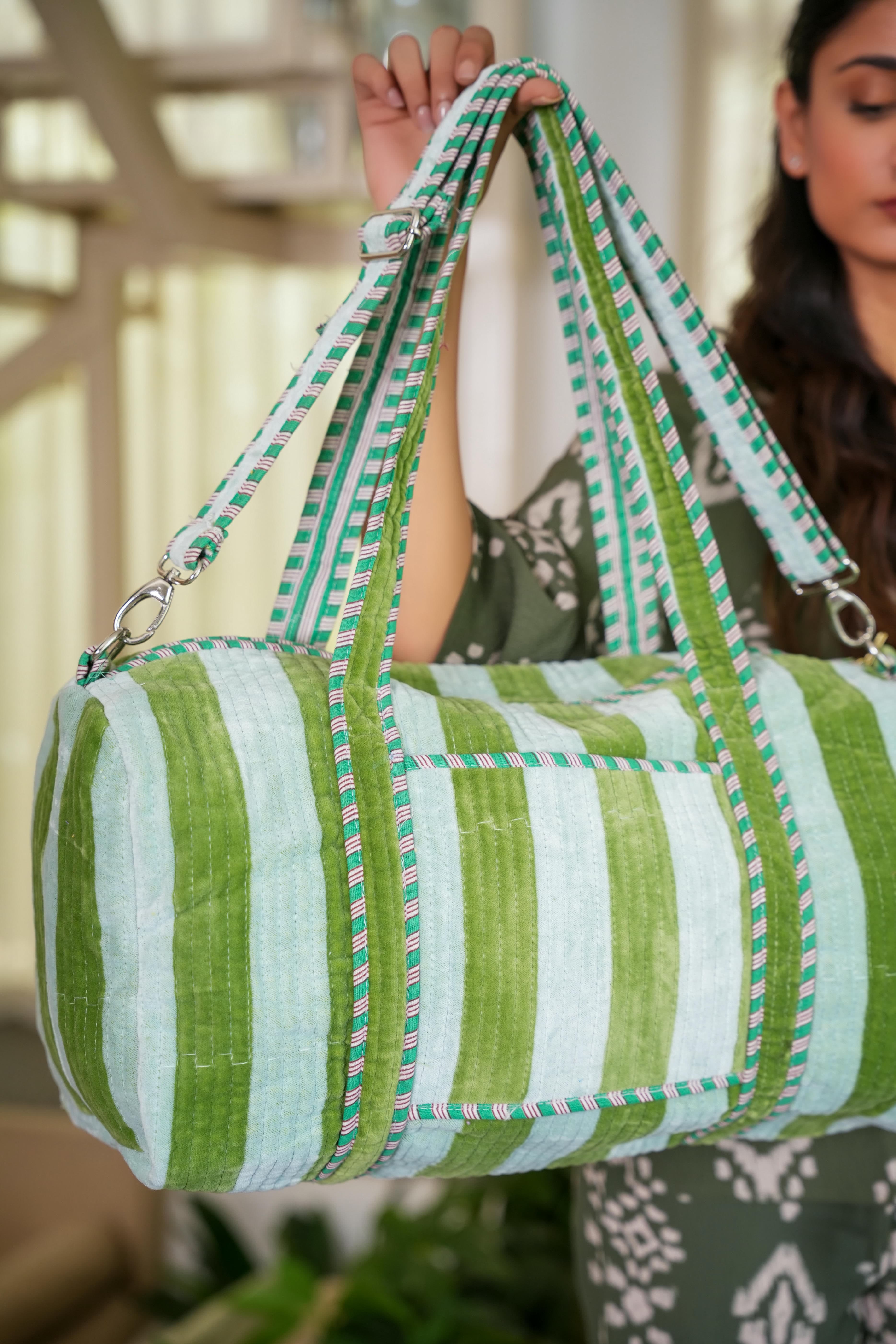 The Striped Velvet Weekender — handmade quilted velvet weekender bag, ethically made in Rajasthan, India