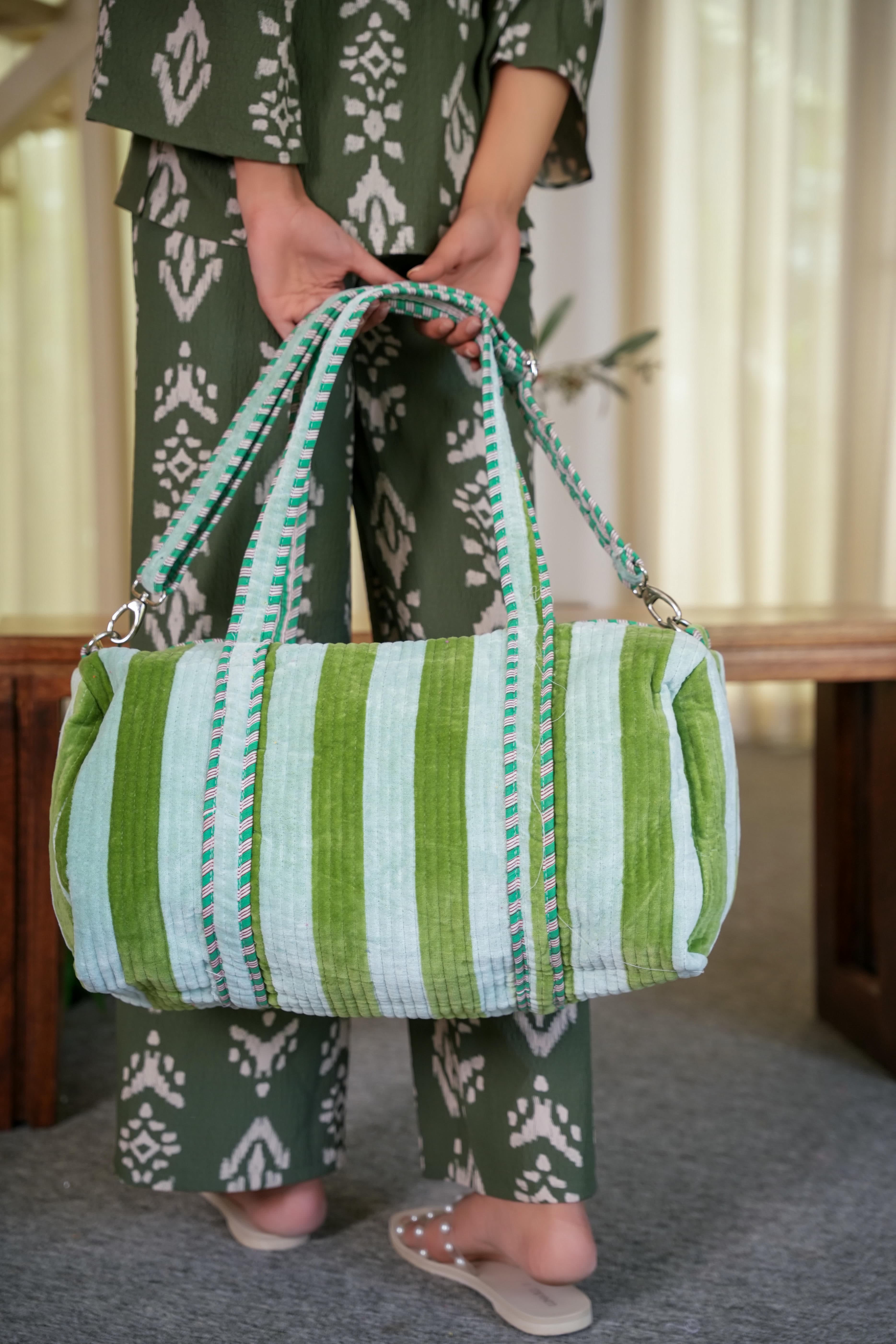 The Striped Velvet Weekender — handmade quilted velvet weekender bag, ethically made in Rajasthan, India