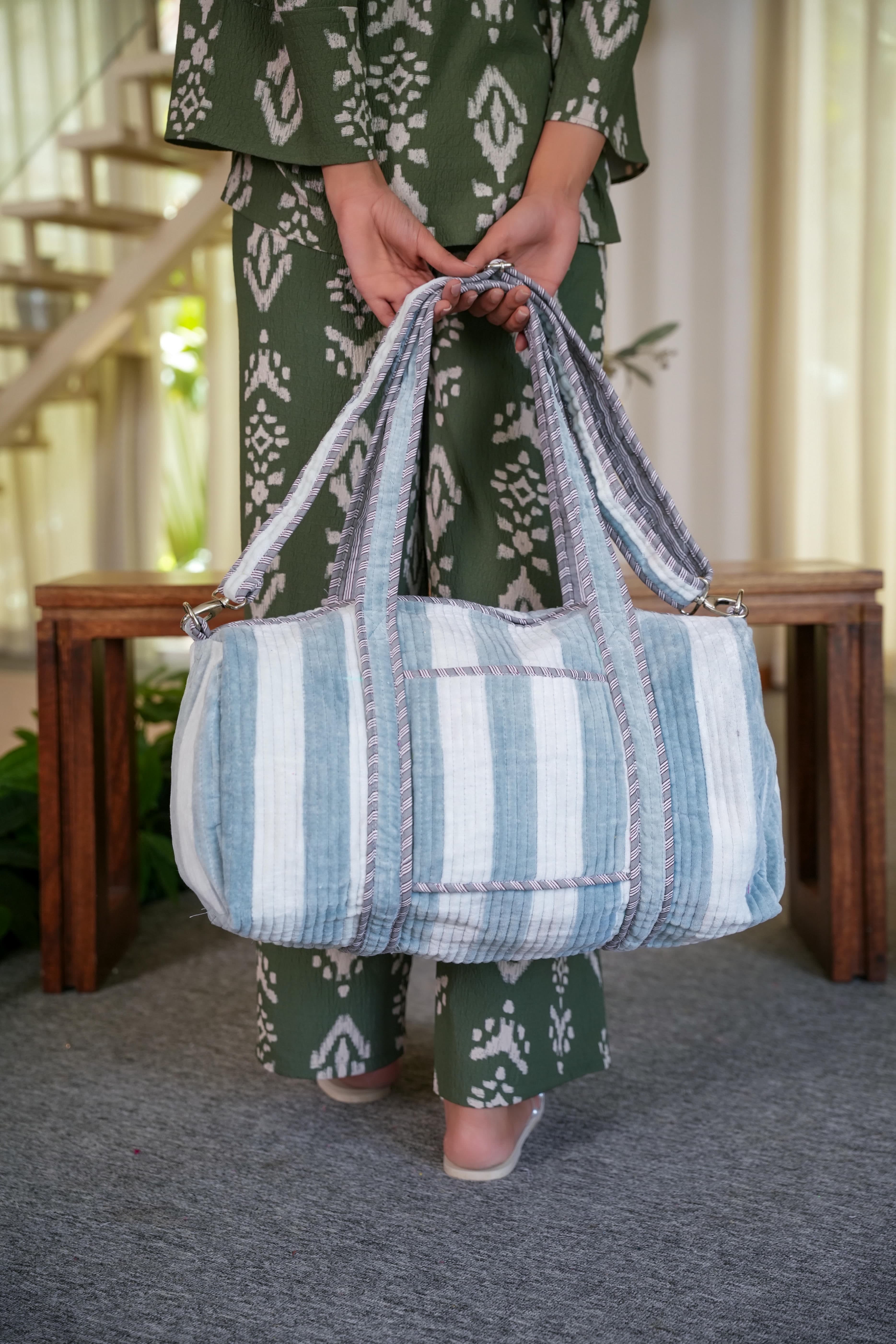 The Striped Velvet Weekender — handmade quilted velvet weekender bag, ethically made in Rajasthan, India