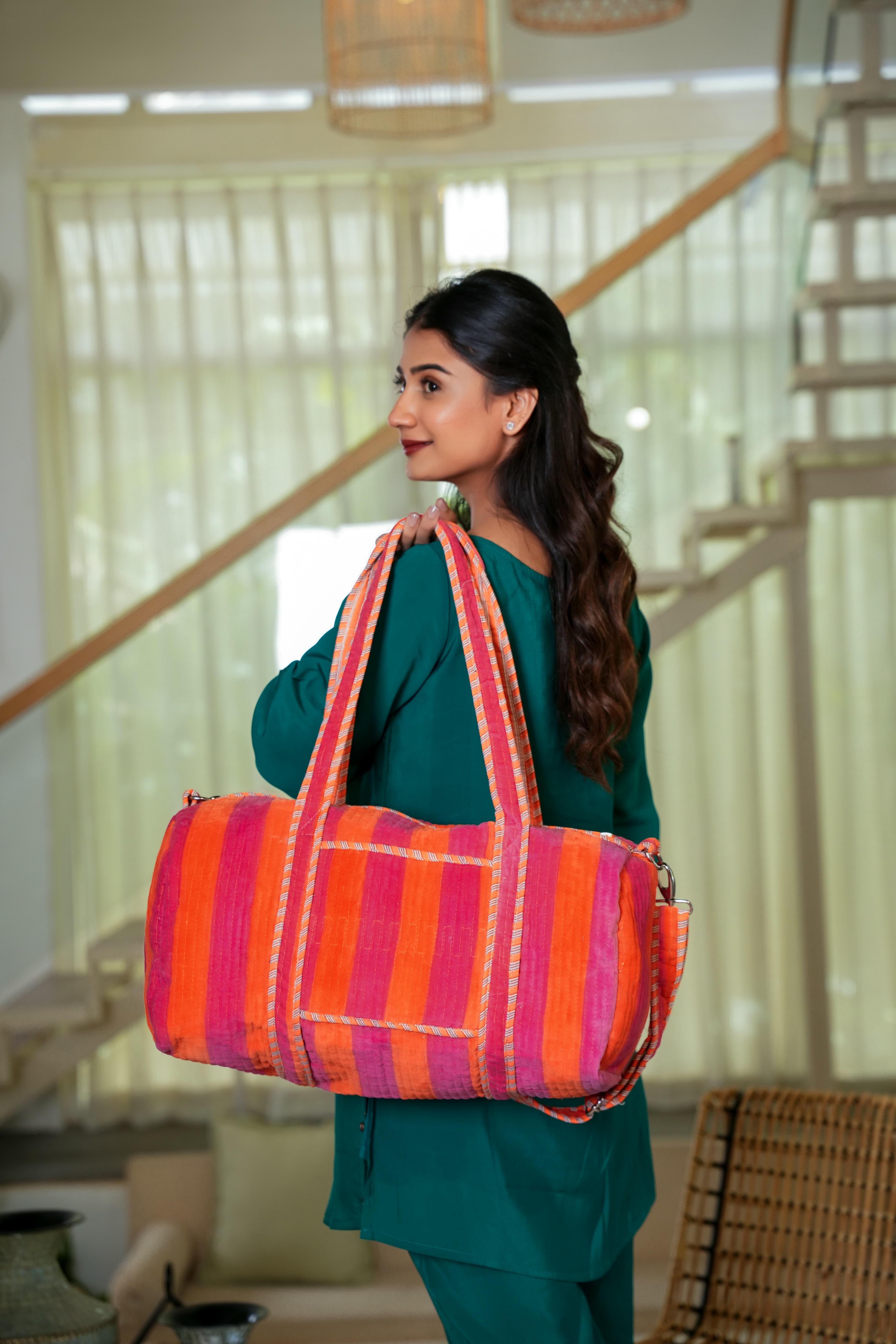 The Striped Velvet Weekender — handmade quilted velvet weekender bag, ethically made in Rajasthan, India