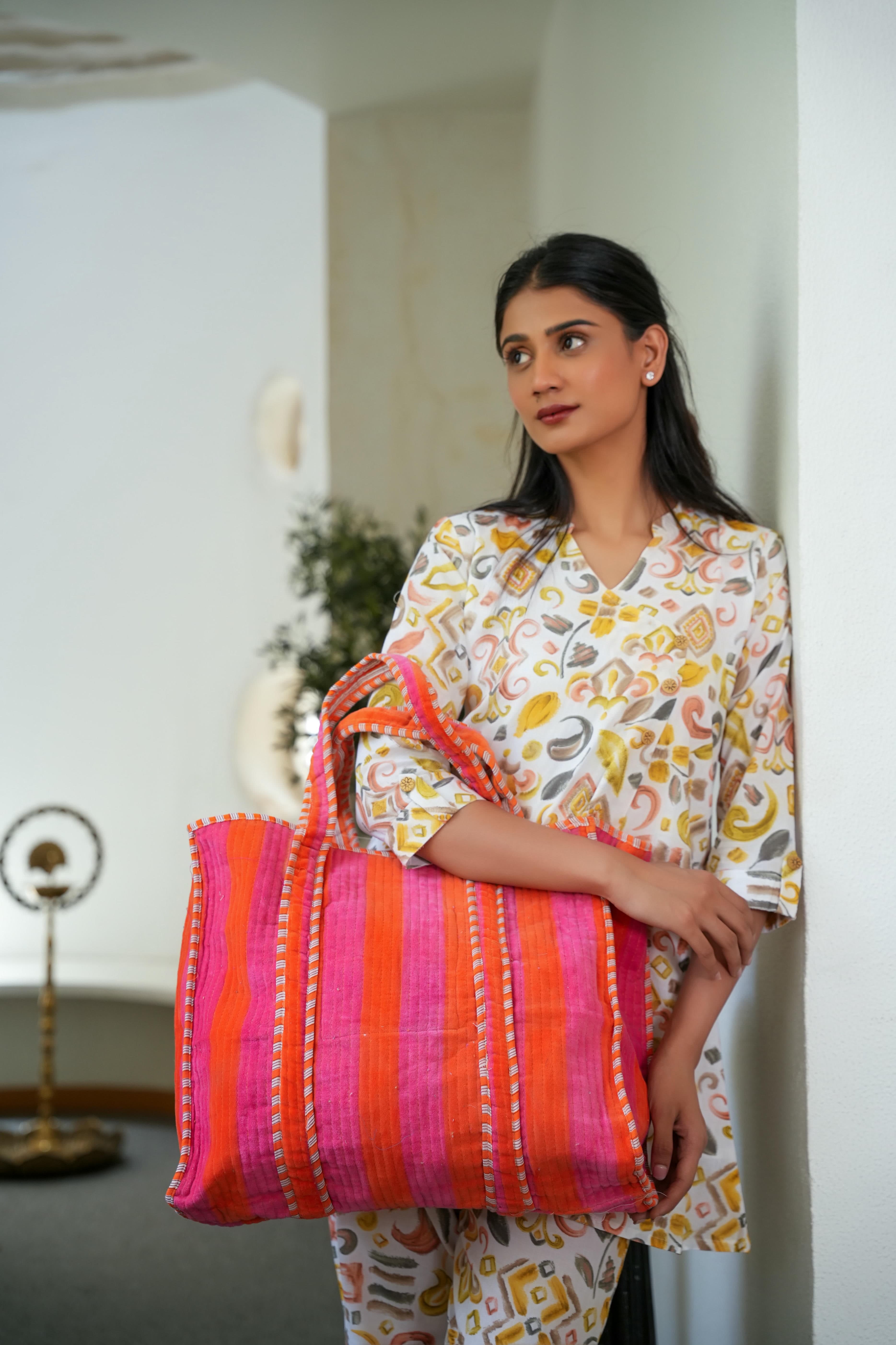 The Striped Velvet Tote — handmade quilted velvet tote bag, ethically made in Rajasthan, India