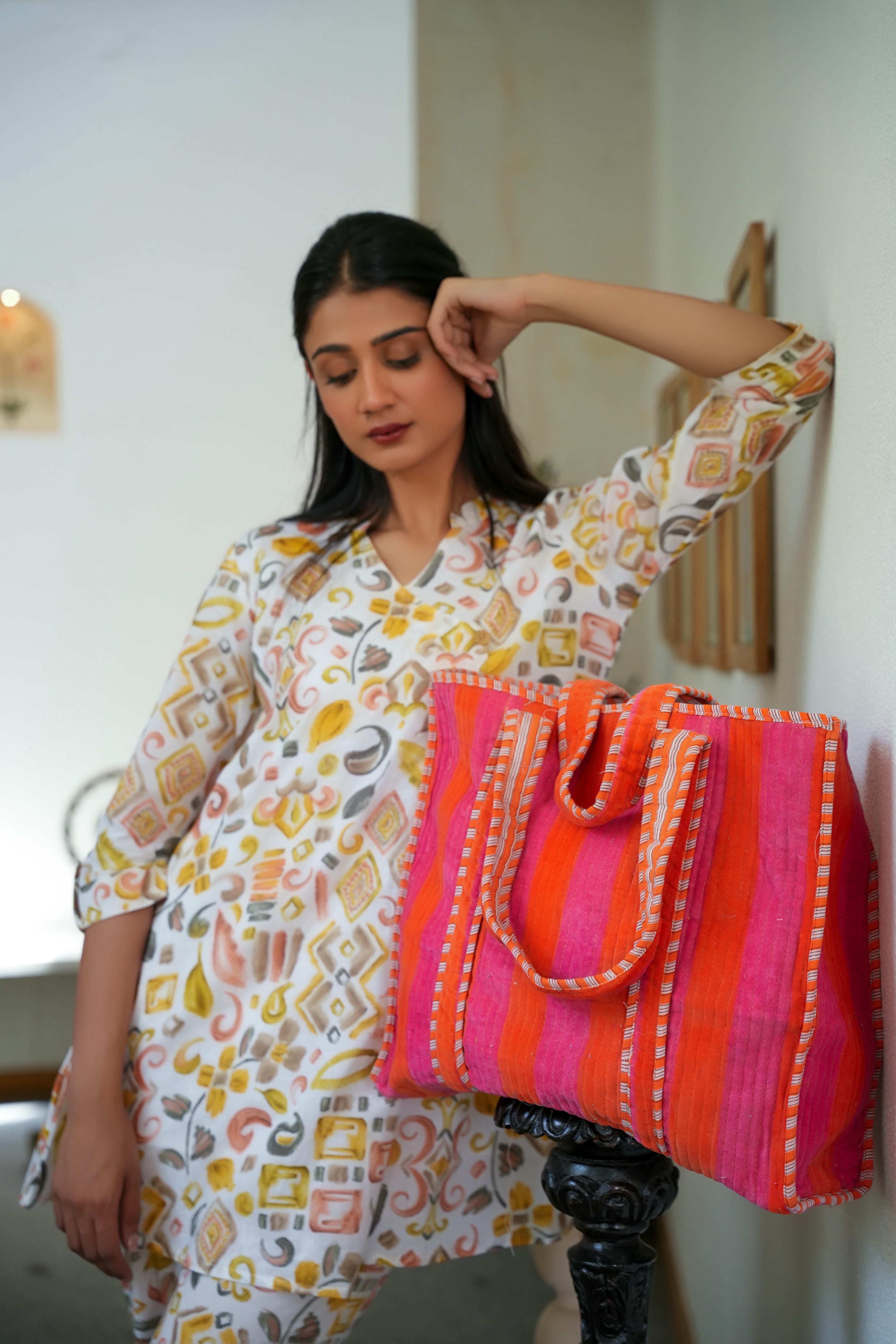 The Striped Velvet Tote — handmade quilted velvet tote bag, ethically made in Rajasthan, India