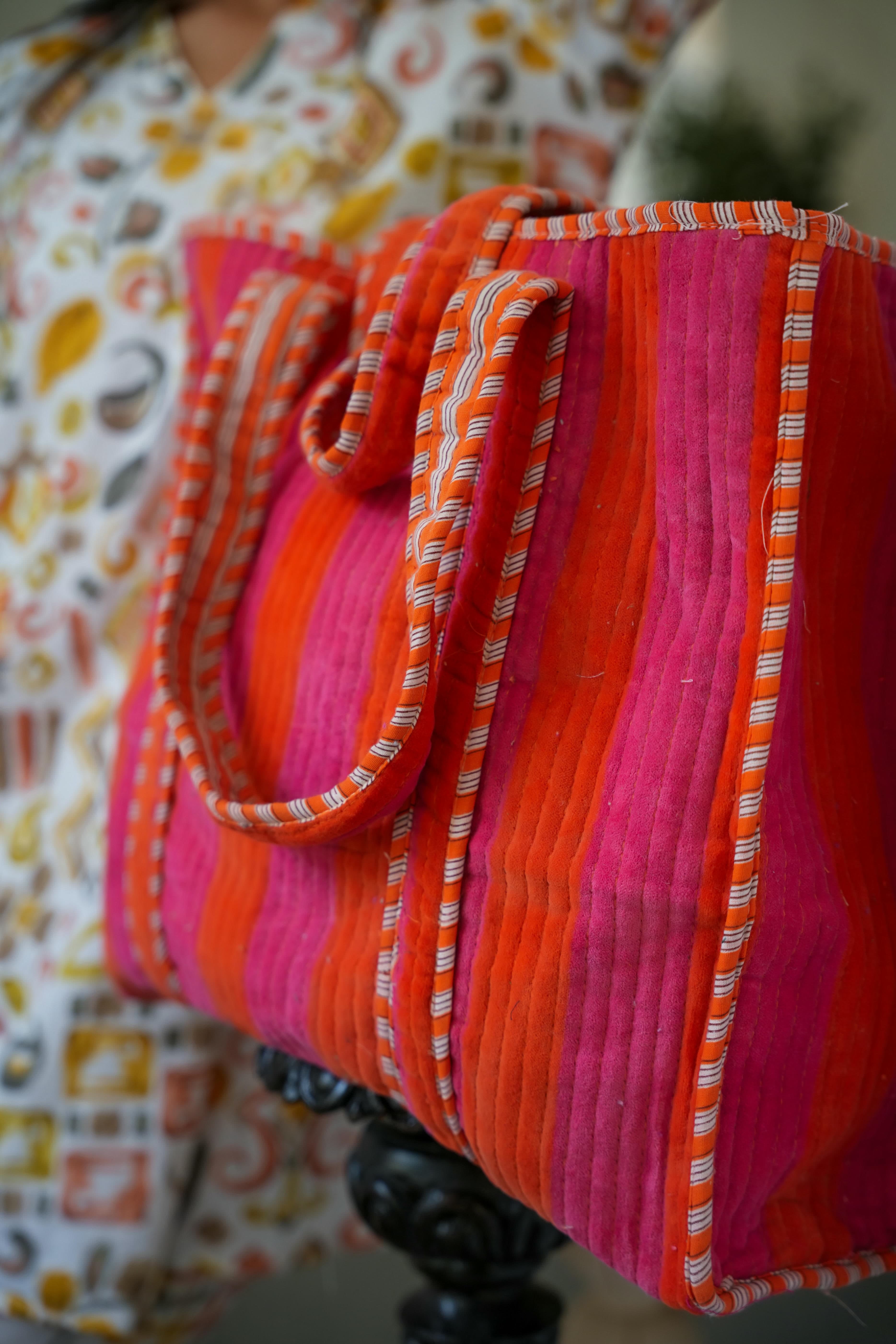 The Striped Velvet Tote — handmade quilted velvet tote bag, ethically made in Rajasthan, India