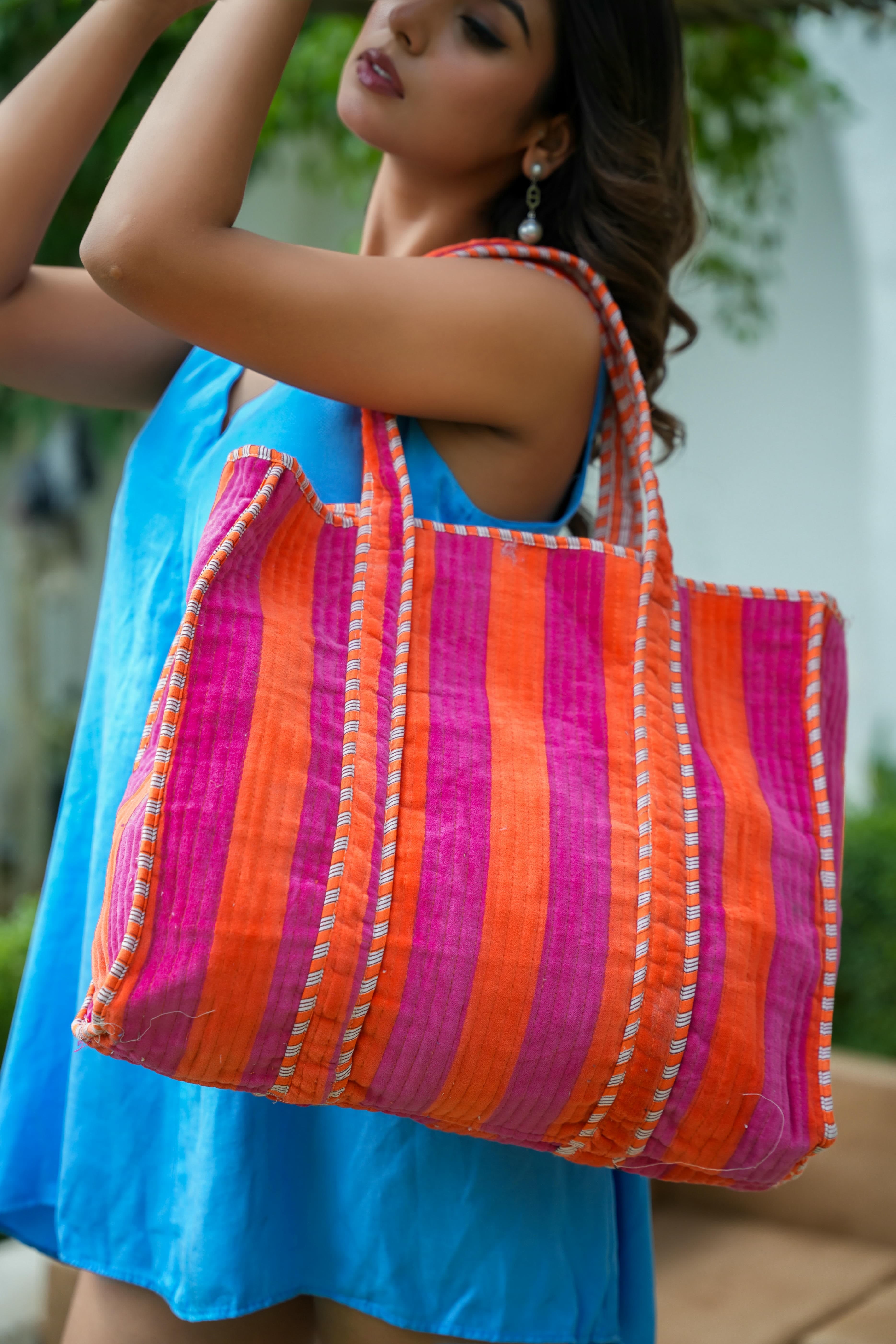 The Striped Velvet Tote — handmade quilted velvet tote bag, ethically made in Rajasthan, India