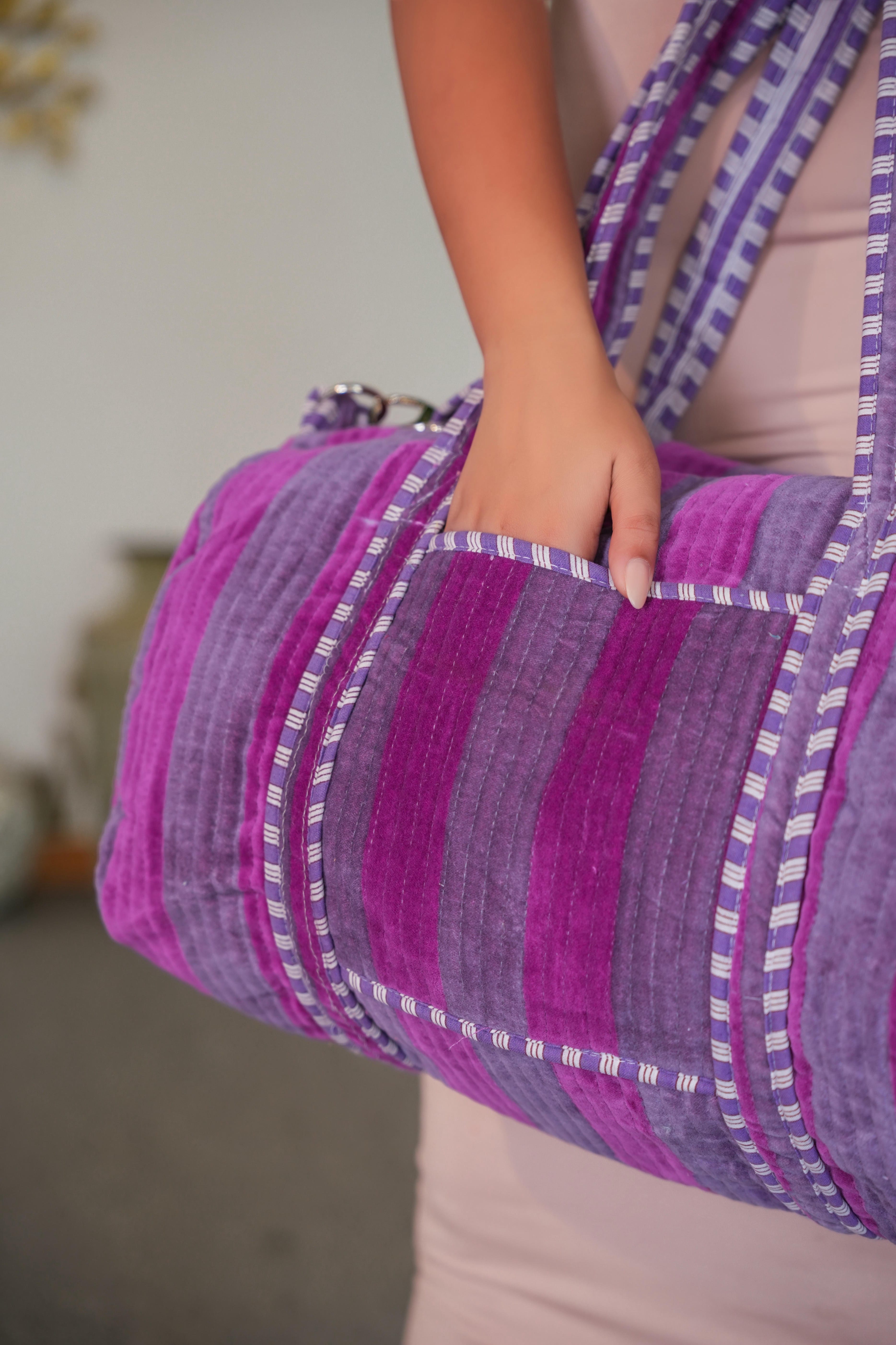 The Striped Velvet Weekender — handmade quilted velvet weekender bag, ethically made in Rajasthan, India