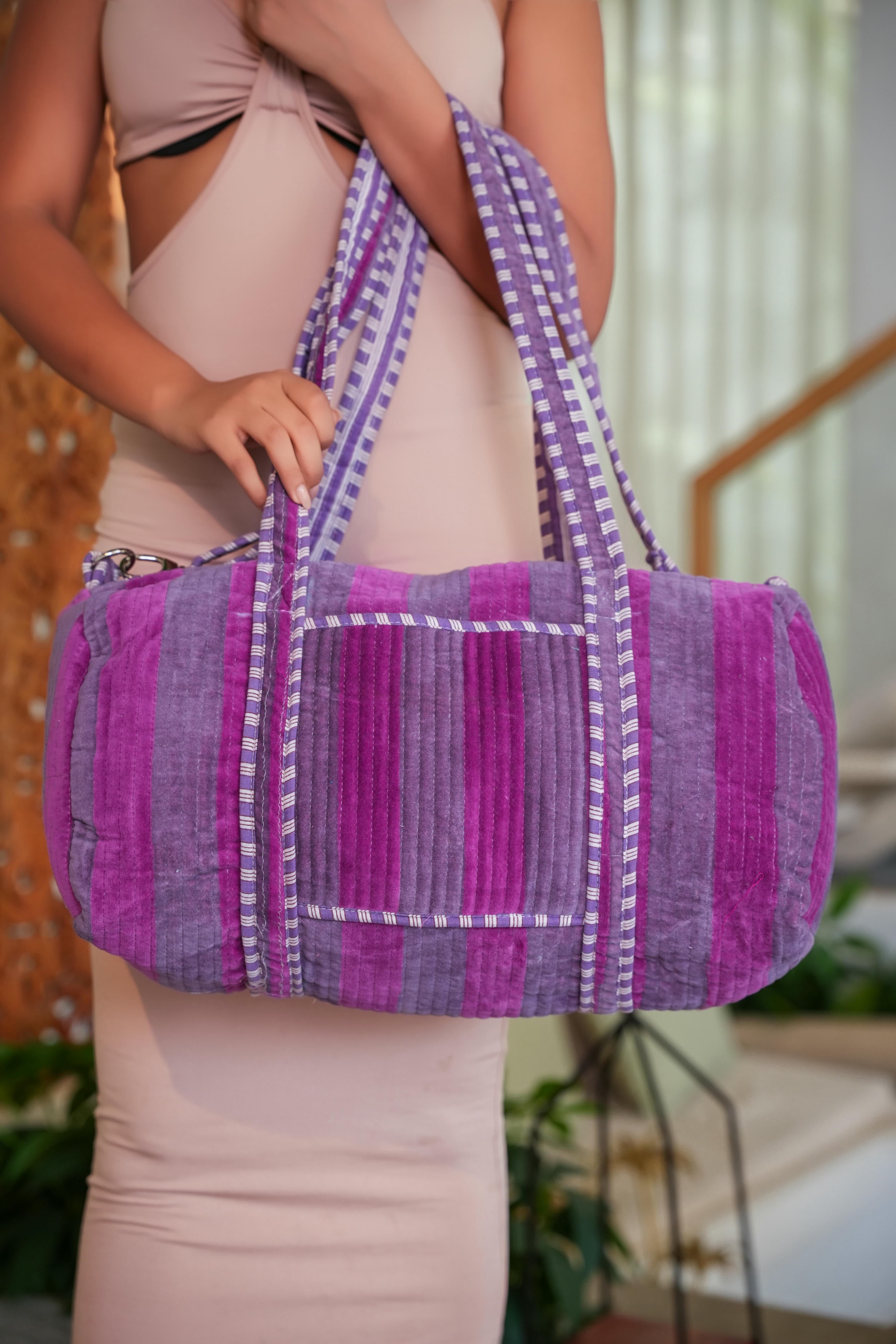 The Striped Velvet Weekender — handmade quilted velvet weekender bag, ethically made in Rajasthan, India