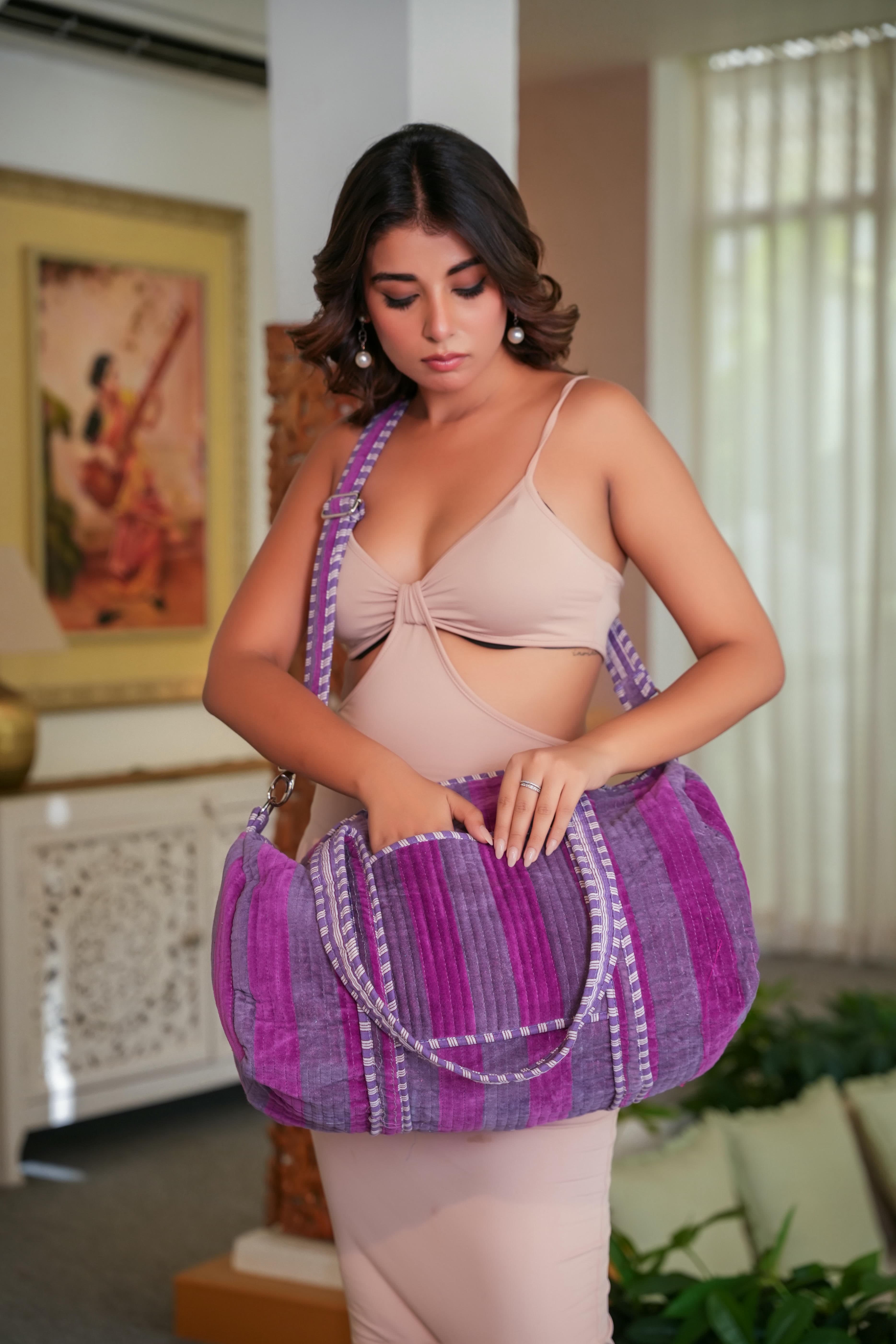 The Striped Velvet Weekender — handmade quilted velvet weekender bag, ethically made in Rajasthan, India