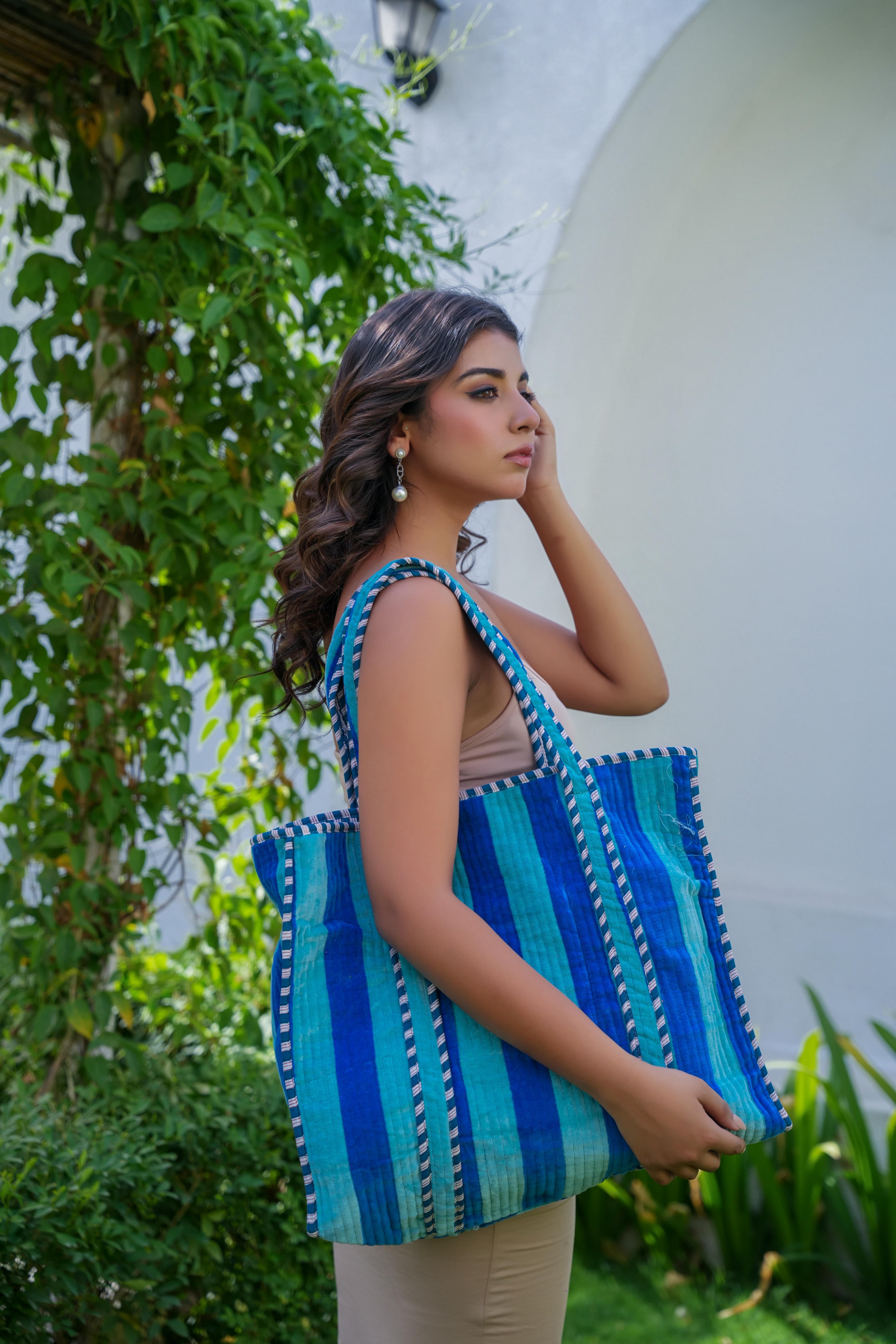 The Striped Velvet Tote — handmade quilted velvet tote bag, ethically made in Rajasthan, India