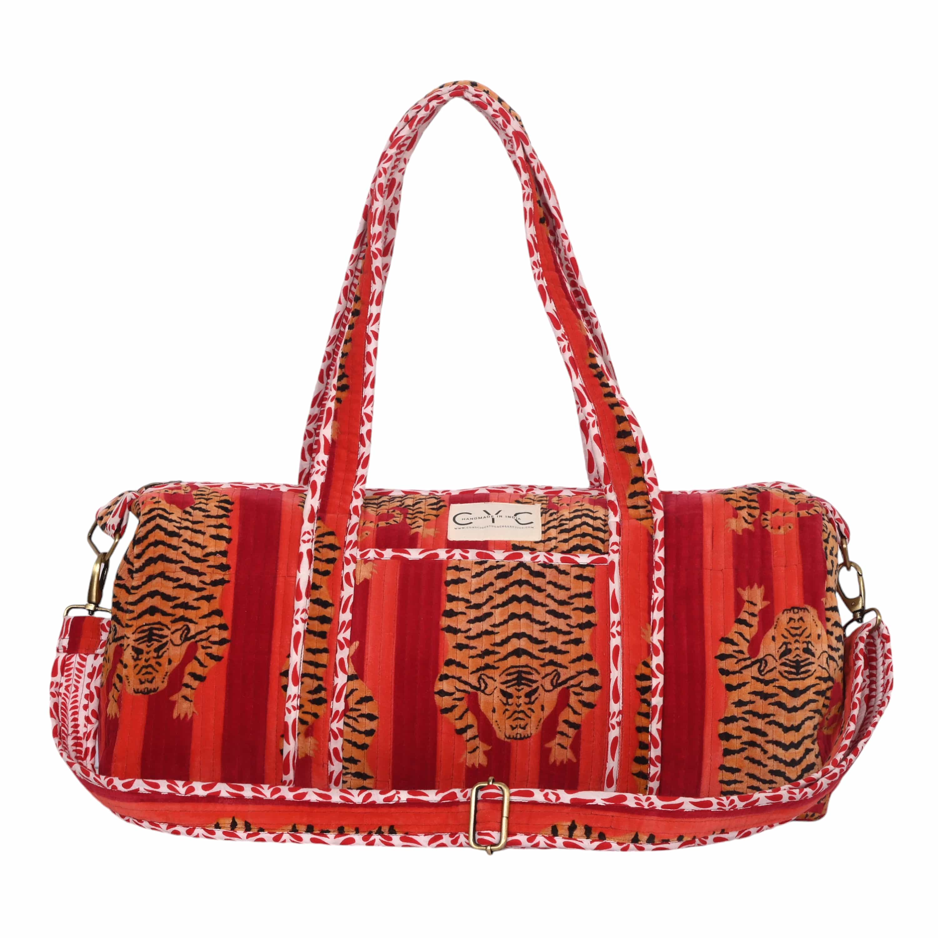 The Tibetan Tiger Velvet Weekender — handmade quilted velvet weekender bag, ethically made in Rajasthan, India