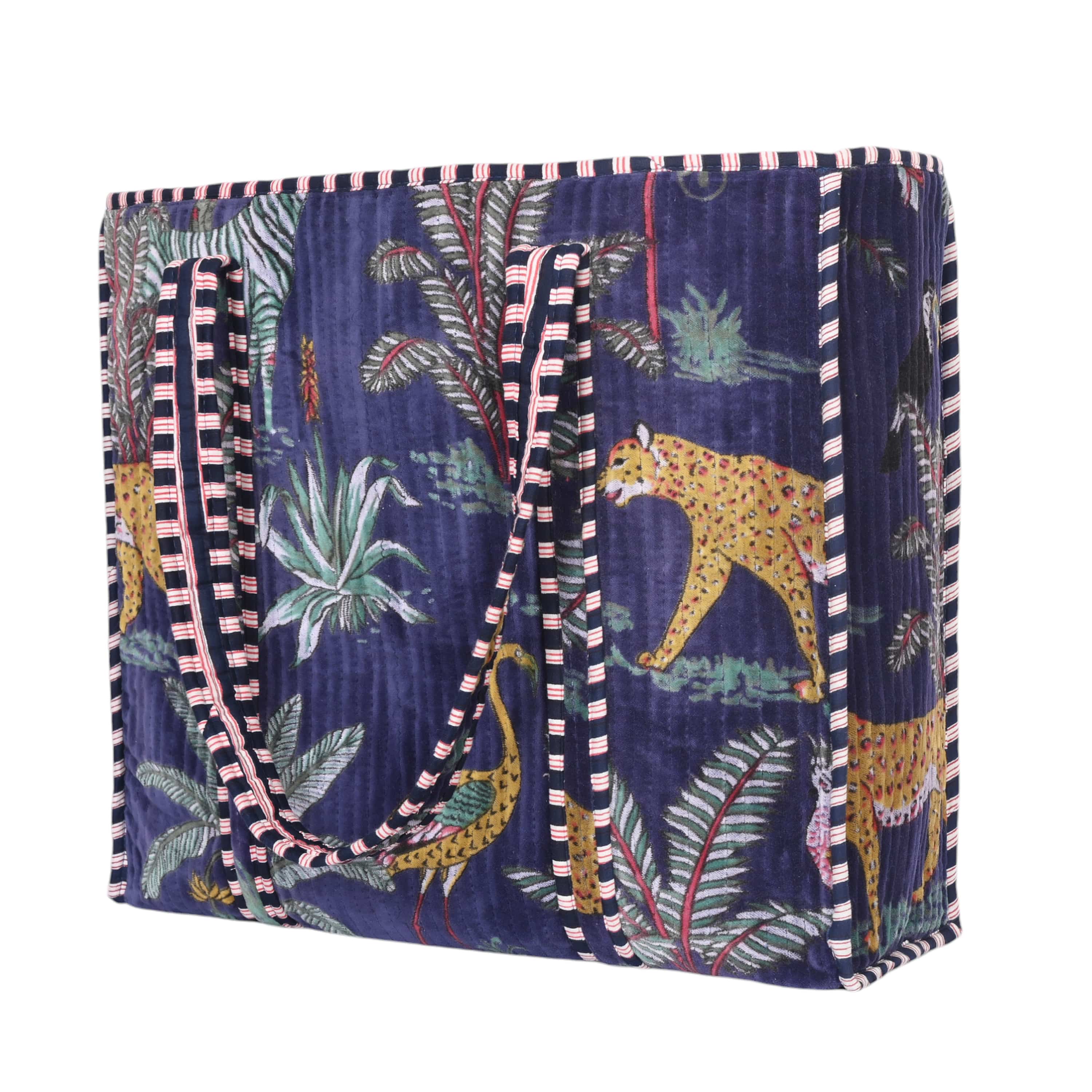 The Jungle Tote in Velvet — handmade quilted velvet tote with bold Indian jungle print, ethically made in India