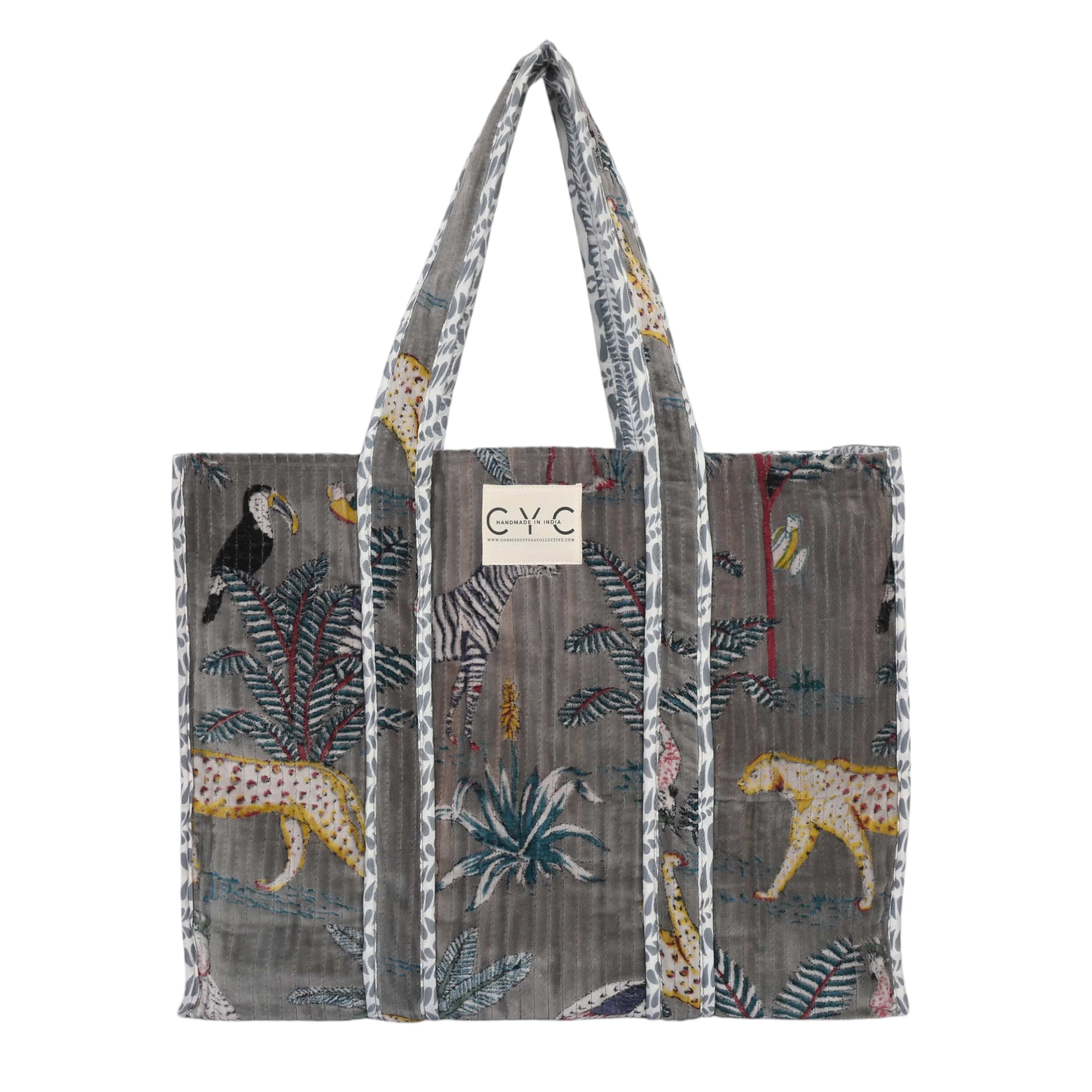 The Jungle Tote in Velvet — handmade quilted velvet tote with bold Indian jungle print, ethically made in India
