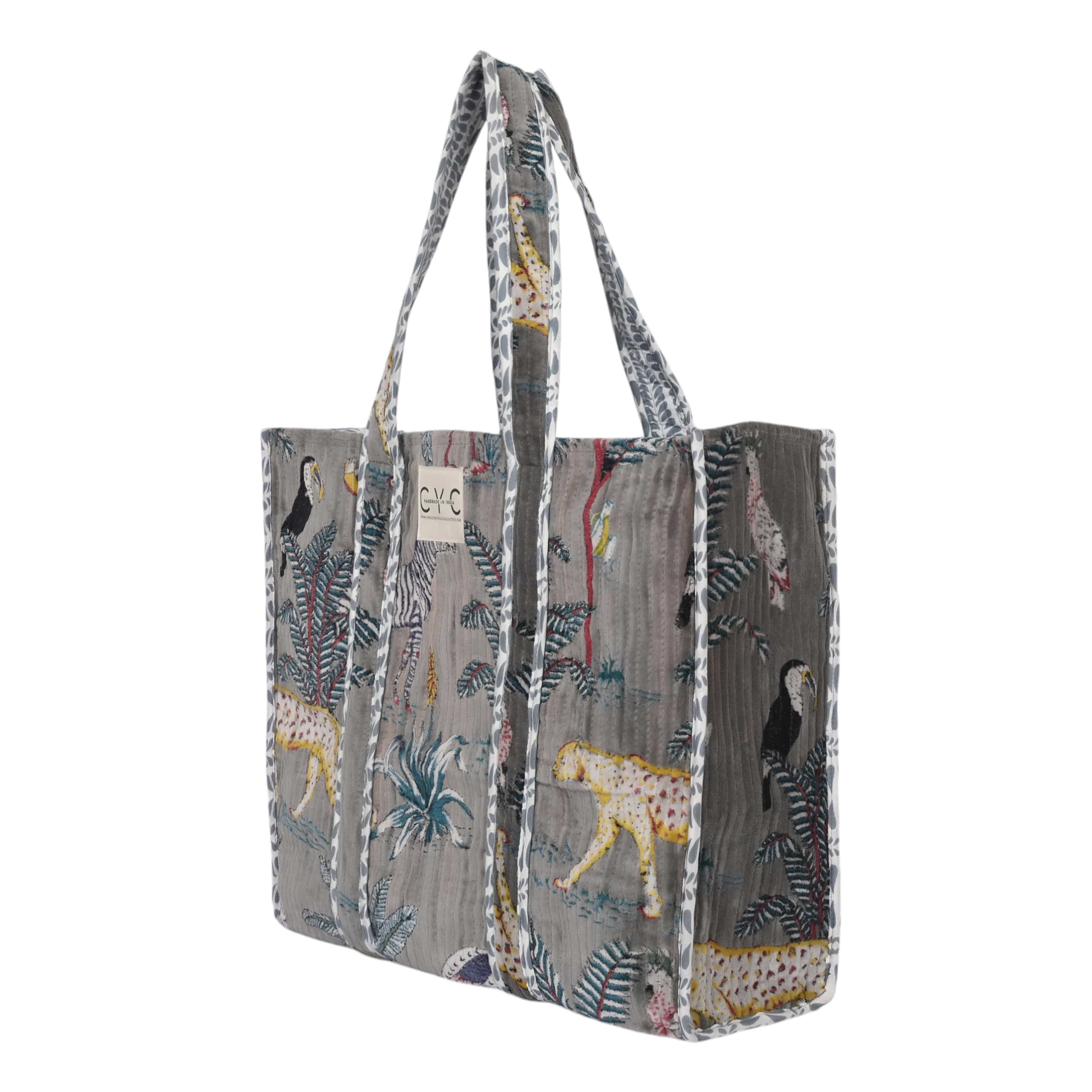 The Jungle Tote in Velvet — handmade quilted velvet tote with bold Indian jungle print, ethically made in India