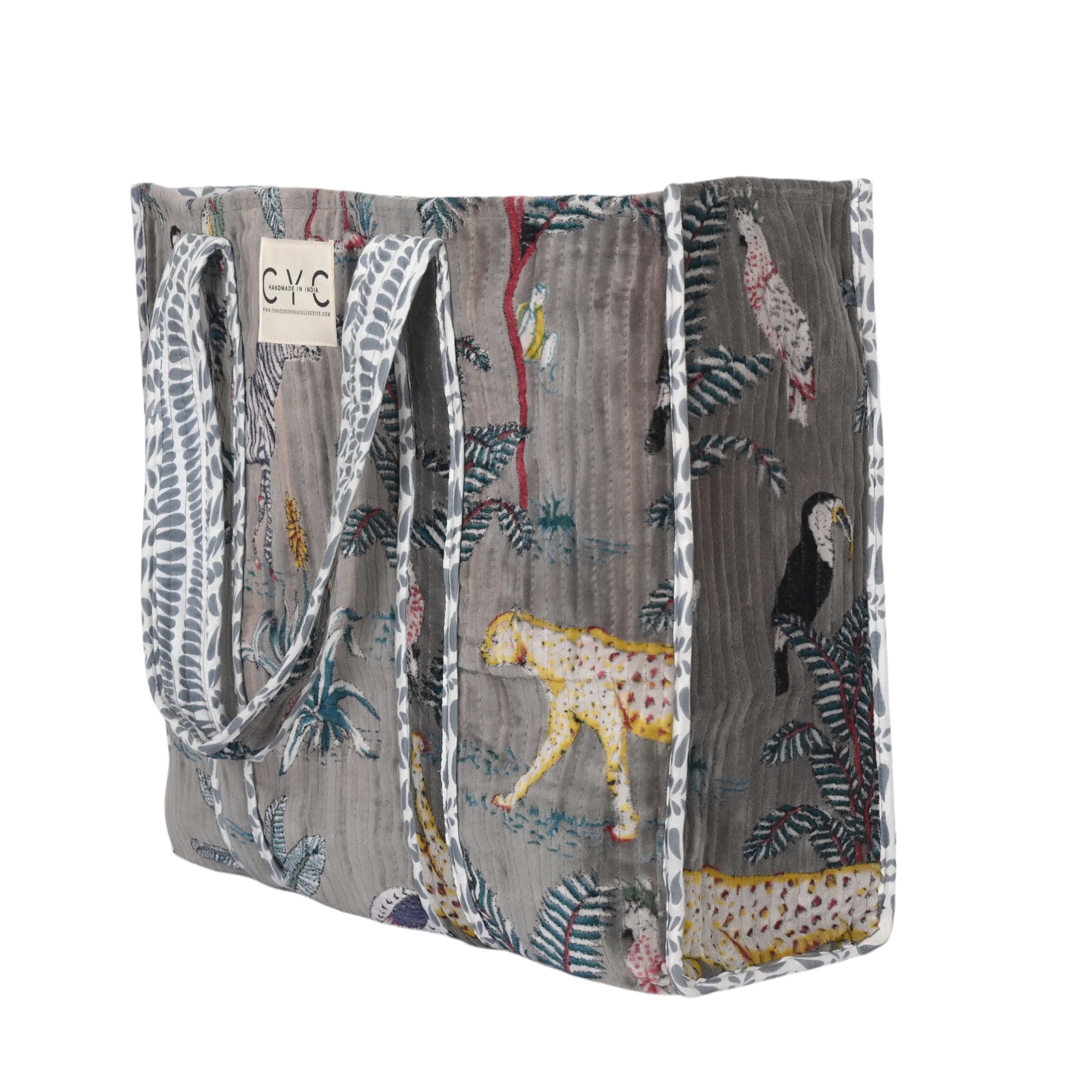 The Jungle Tote in Velvet — handmade quilted velvet tote with bold Indian jungle print, ethically made in India