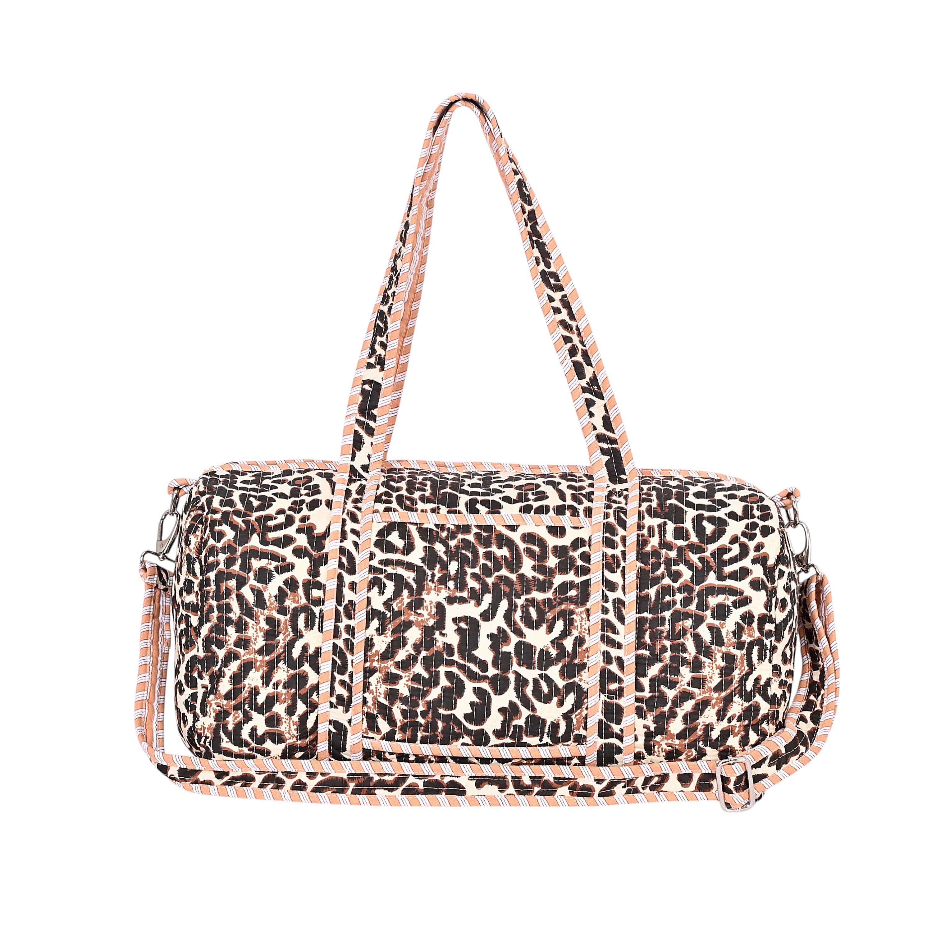 The Leopard Print Cotton Weekender — handmade hand block printed cotton weekender bag, ethically made in Rajasthan, India