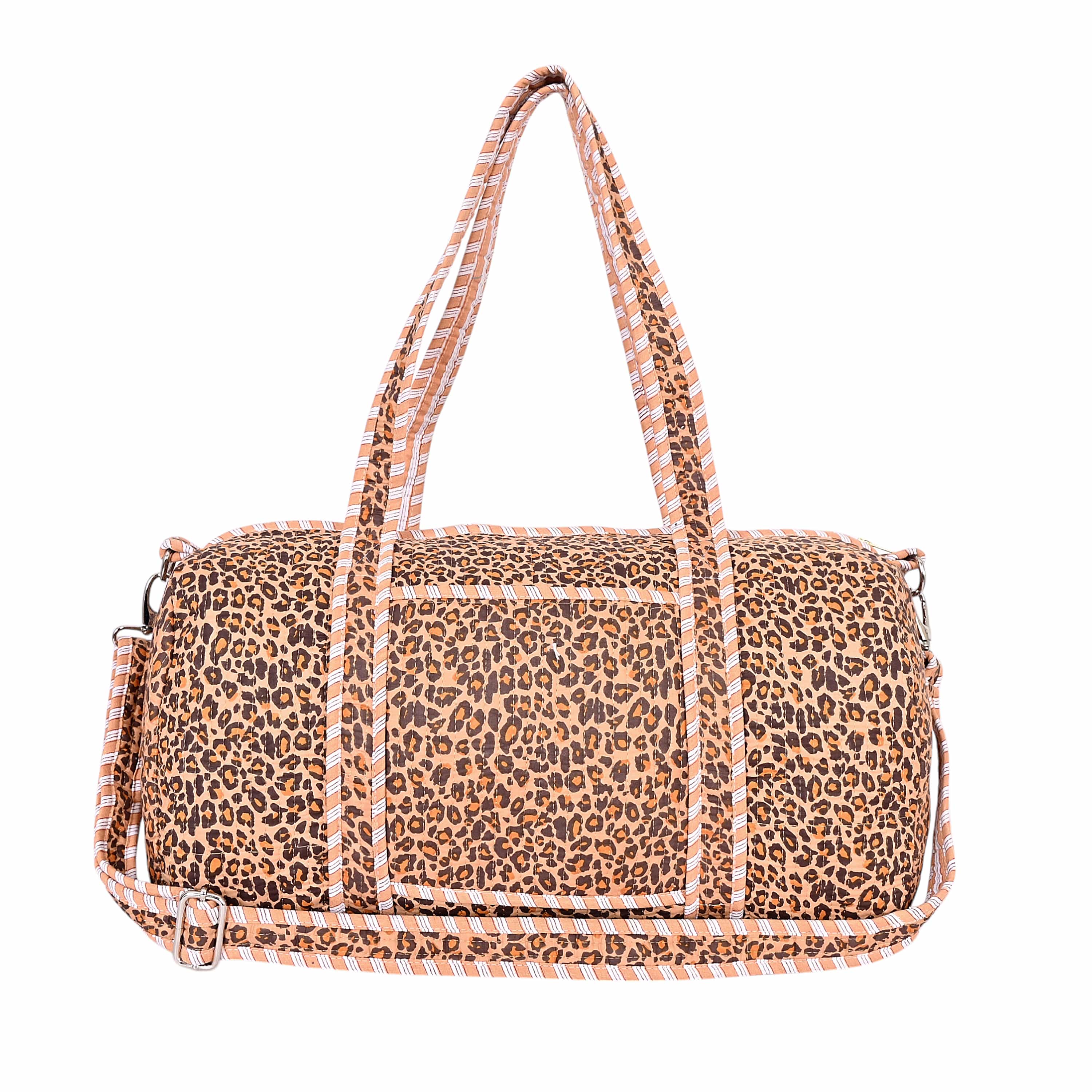 The Brown Leopard Print Cotton Weekender — handmade hand block printed cotton weekender bag, ethically made in Rajasthan, India