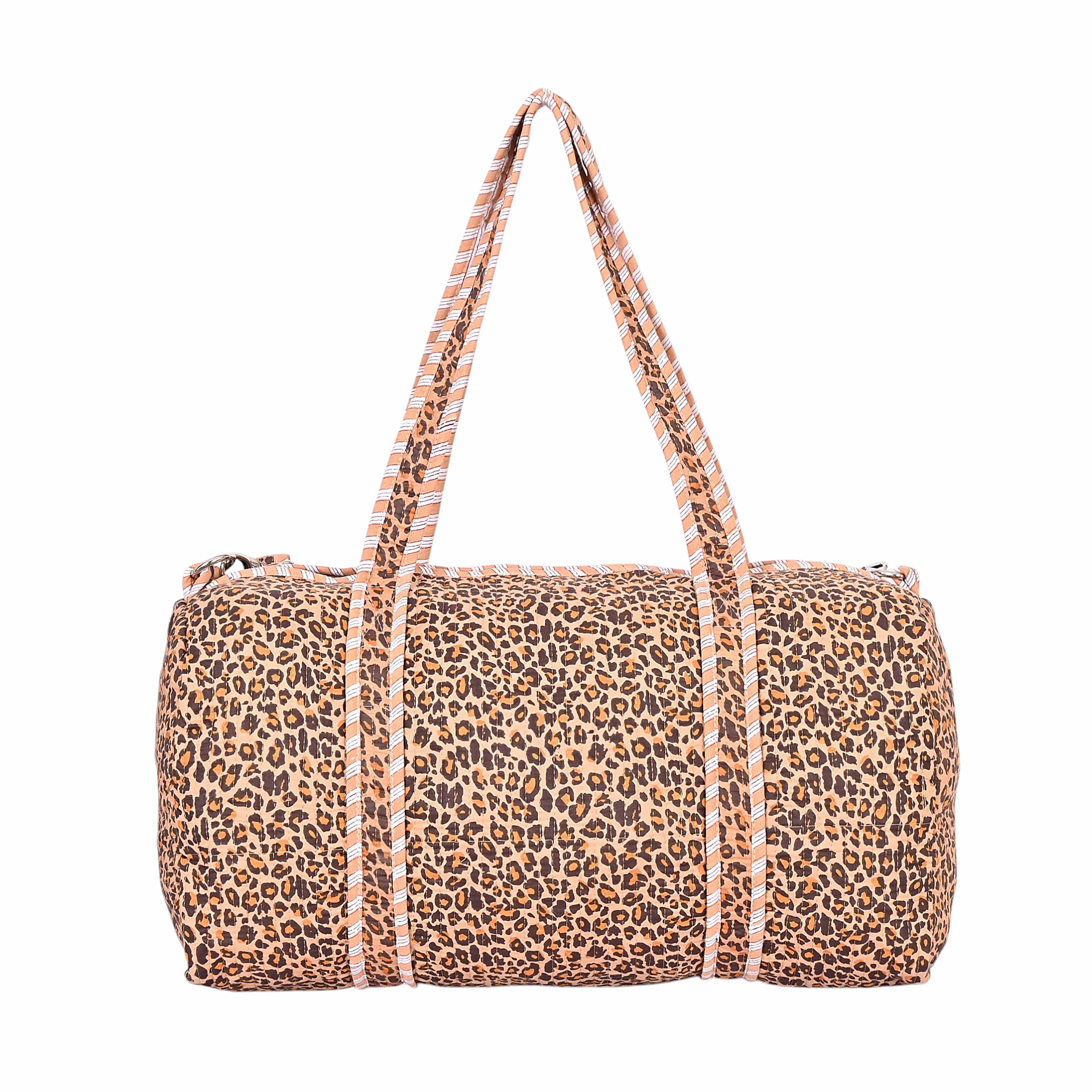 The Brown Leopard Print Cotton Weekender — handmade hand block printed cotton weekender bag, ethically made in Rajasthan, India