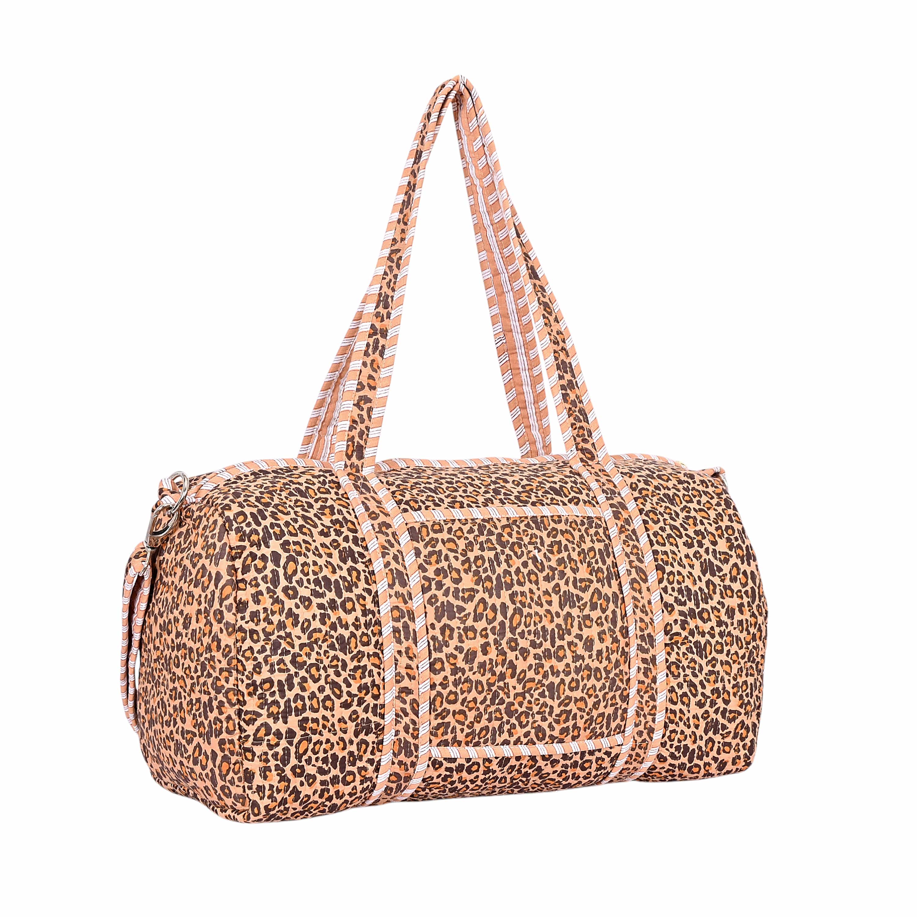 The Brown Leopard Print Cotton Weekender — handmade hand block printed cotton weekender bag, ethically made in Rajasthan, India