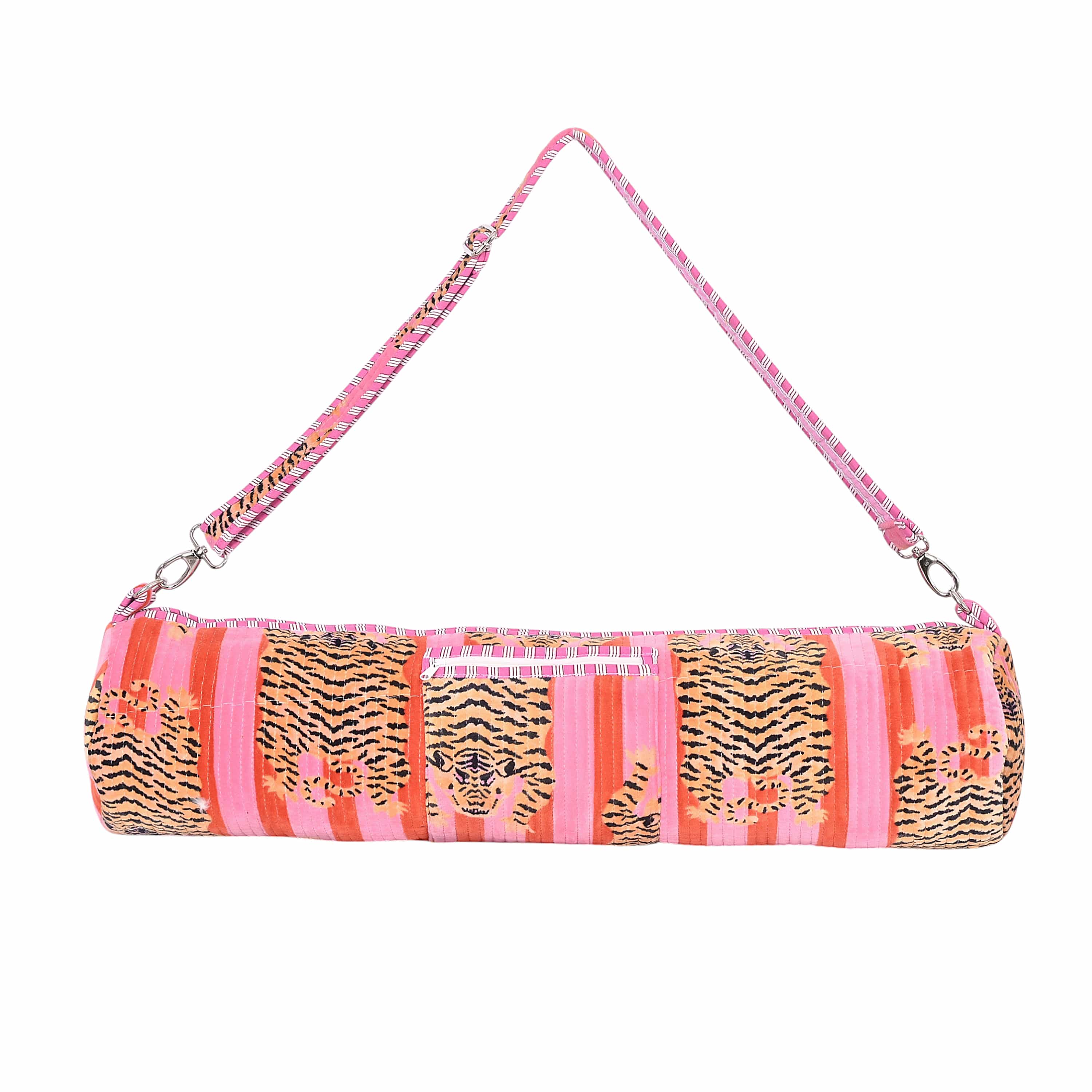 The Tibetan Tiger Velvet Yoga Bag — handmade quilted velvet yoga mat bag, ethically made in Rajasthan, India