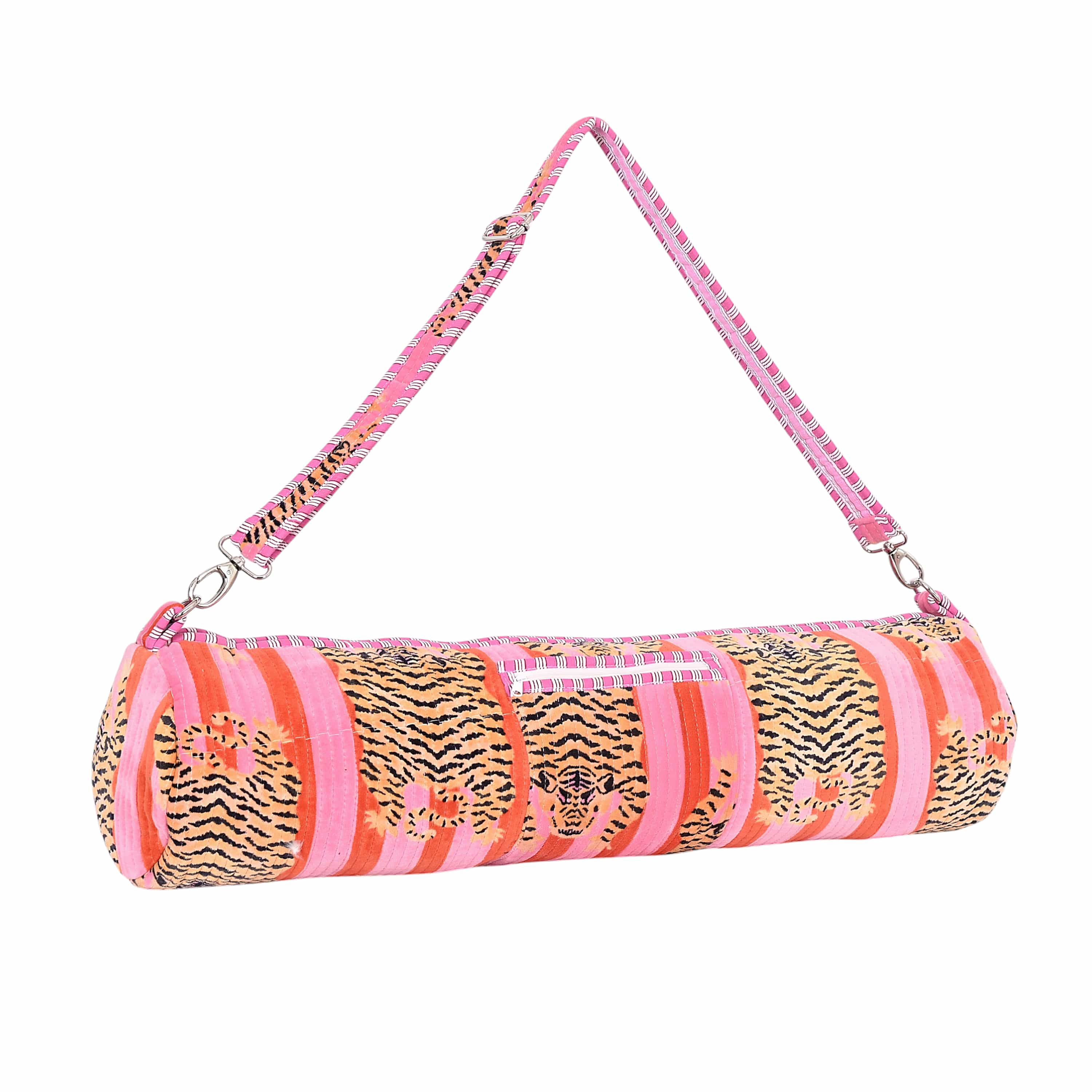 The Tibetan Tiger Velvet Yoga Bag — handmade quilted velvet yoga mat bag, ethically made in Rajasthan, India